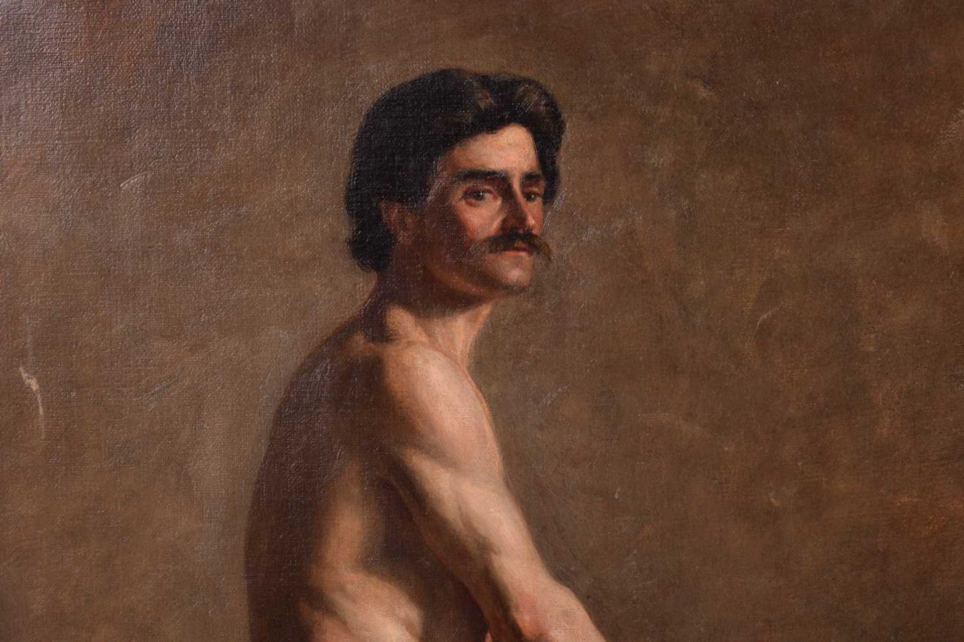 Frederick George Cotman (British, 1850-1920), Male Nude seated (Italian), oil on canvas, inscribed - Image 4 of 9