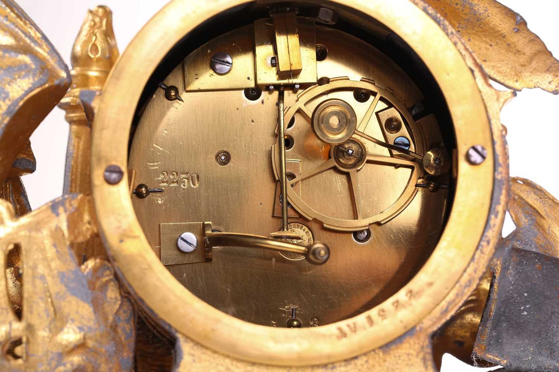 A late 19th century French parcel gilt spelter clock, depicting a nobleman standing beside a drum - Image 10 of 14