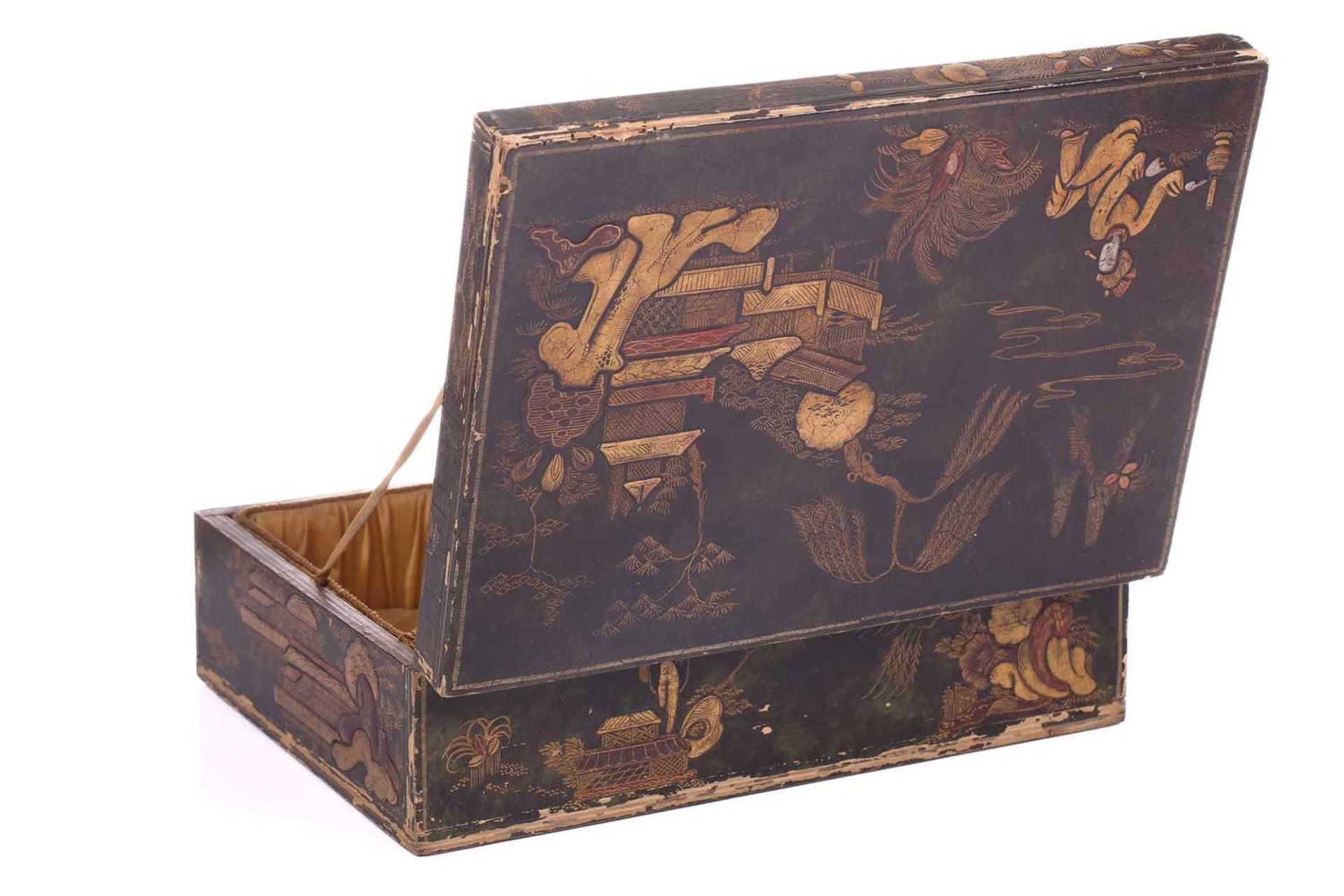 A Regency sewing box of casket form, green morocco decorated with brass appliques, on four lion - Image 9 of 19