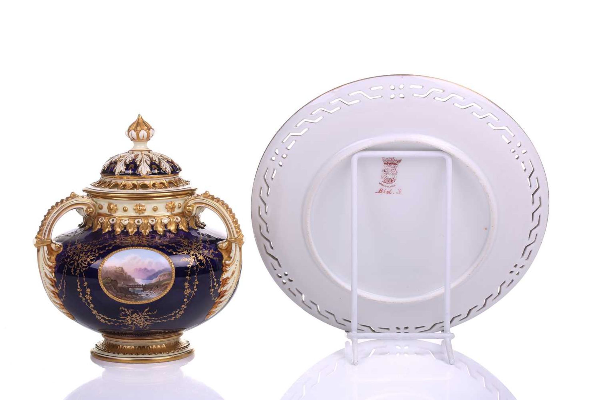 An early 20th century Coalport Bleu de Roi three-handled potpourri and cover and inner lid, The - Image 4 of 10