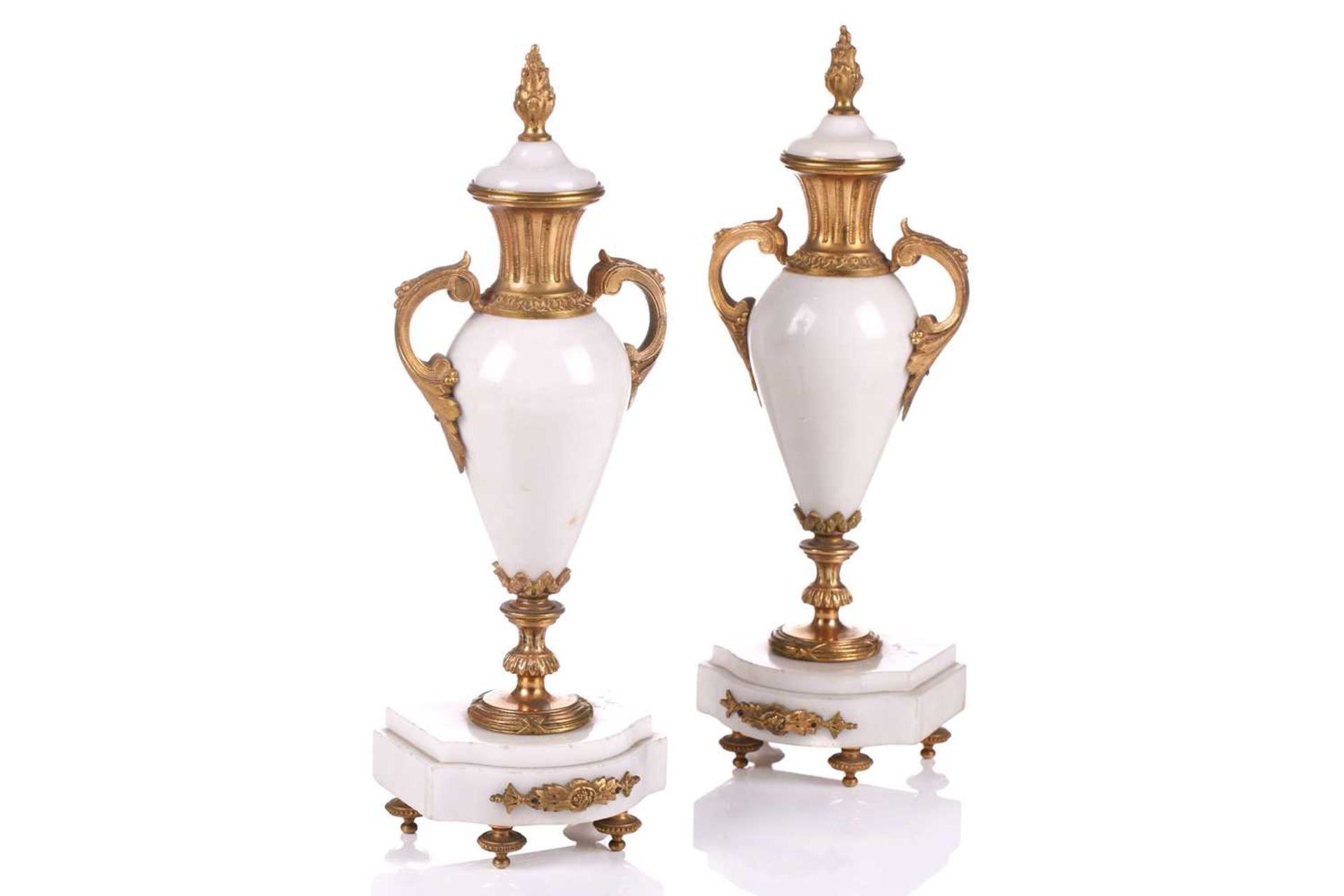 A Louis XVI-style white marble and ormolu 8-day clock garniture, early 20th century, fitted with a - Image 8 of 12