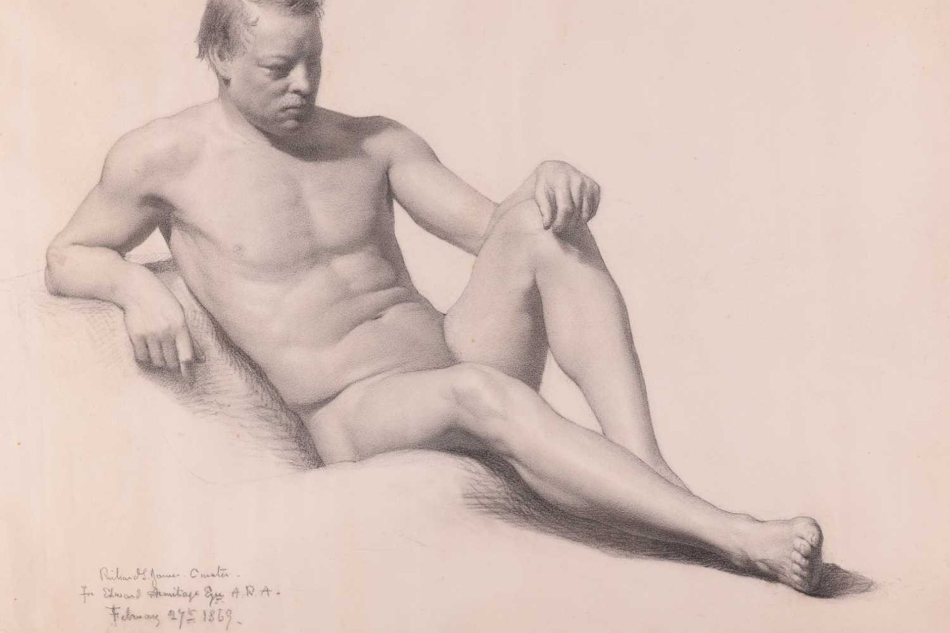 Frederick George Cotman RI. ROI. (British, 1850-1920), 'Study of a Recumbent Male Nude', inscribed - Image 3 of 10