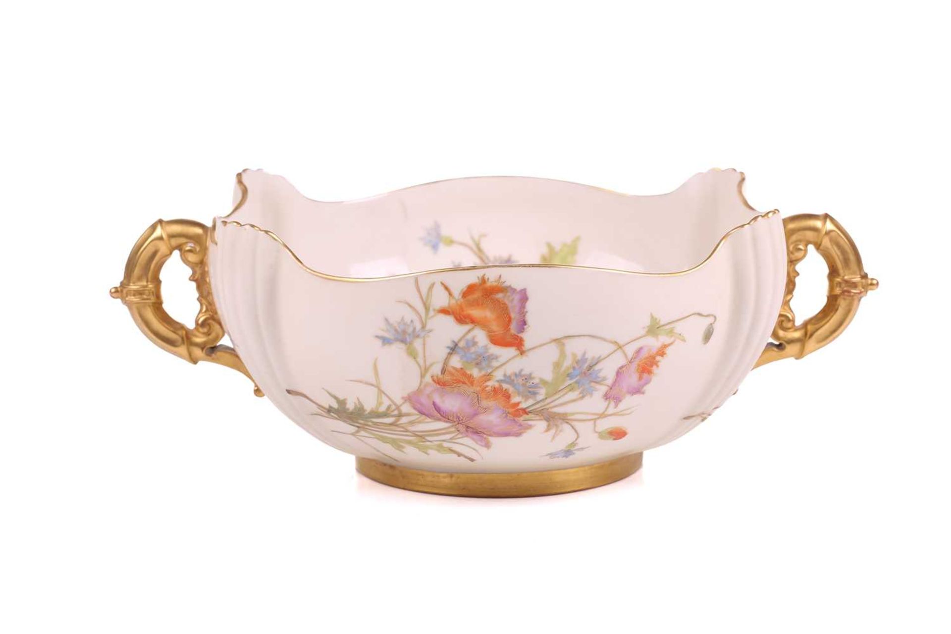 A Royal Worcester shaped square bowl, floral decoration on an ivory ground, gilt line rim, loop - Bild 6 aus 16