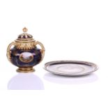 An early 20th century Coalport Bleu de Roi three-handled potpourri and cover and inner lid, The