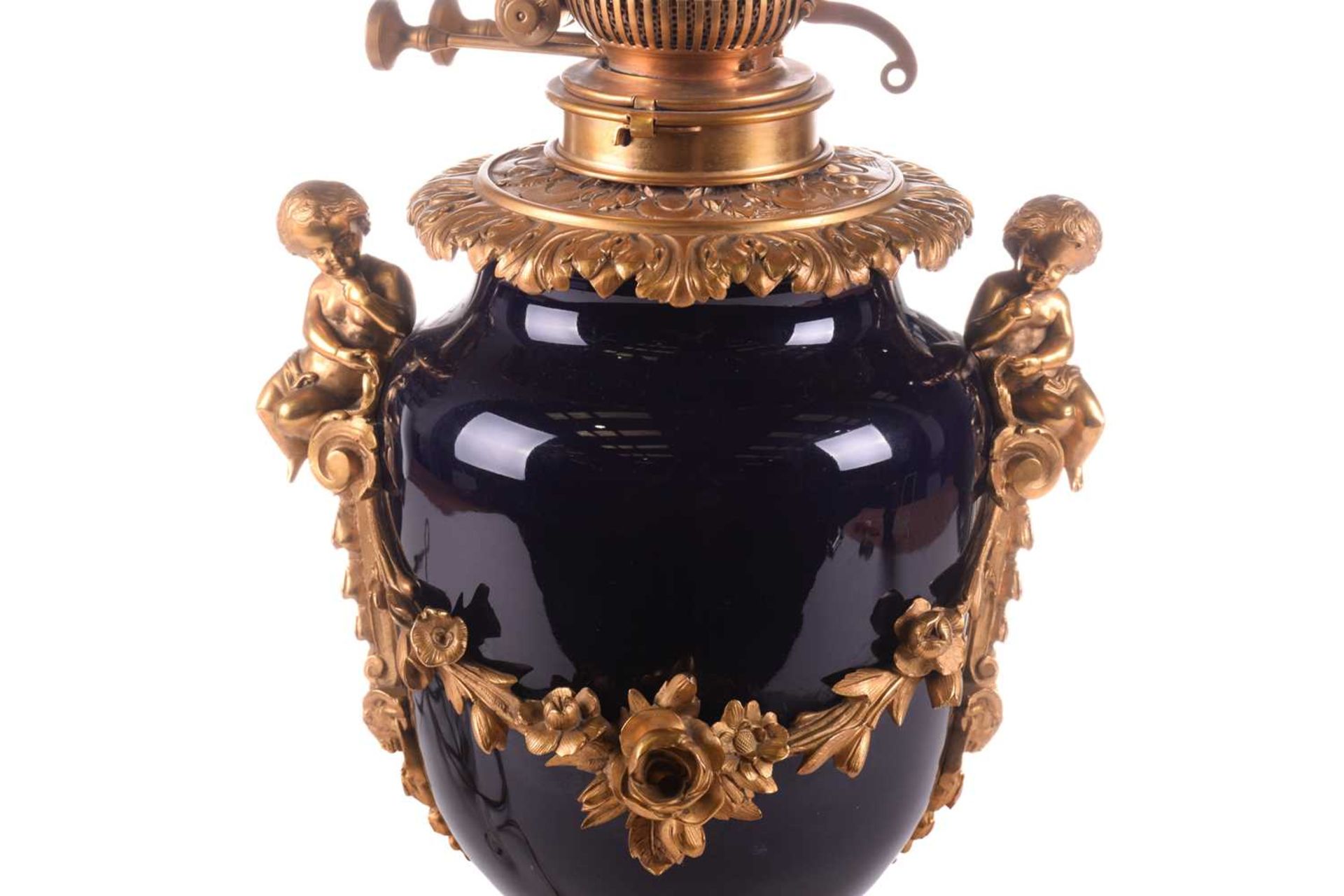 A large French ormolu and cobalt-blue ceramic table lamp, originally converted from an oil lamp, - Image 5 of 7
