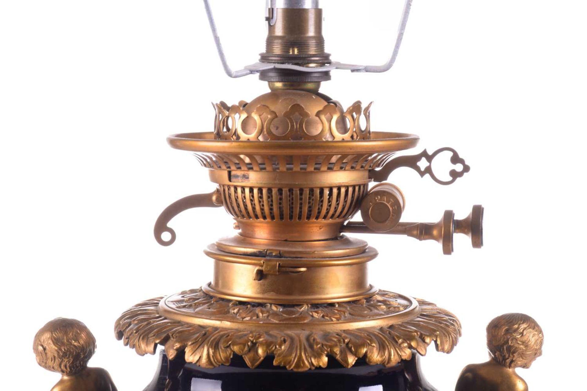 A large French ormolu and cobalt-blue ceramic table lamp, originally converted from an oil lamp, - Image 4 of 7