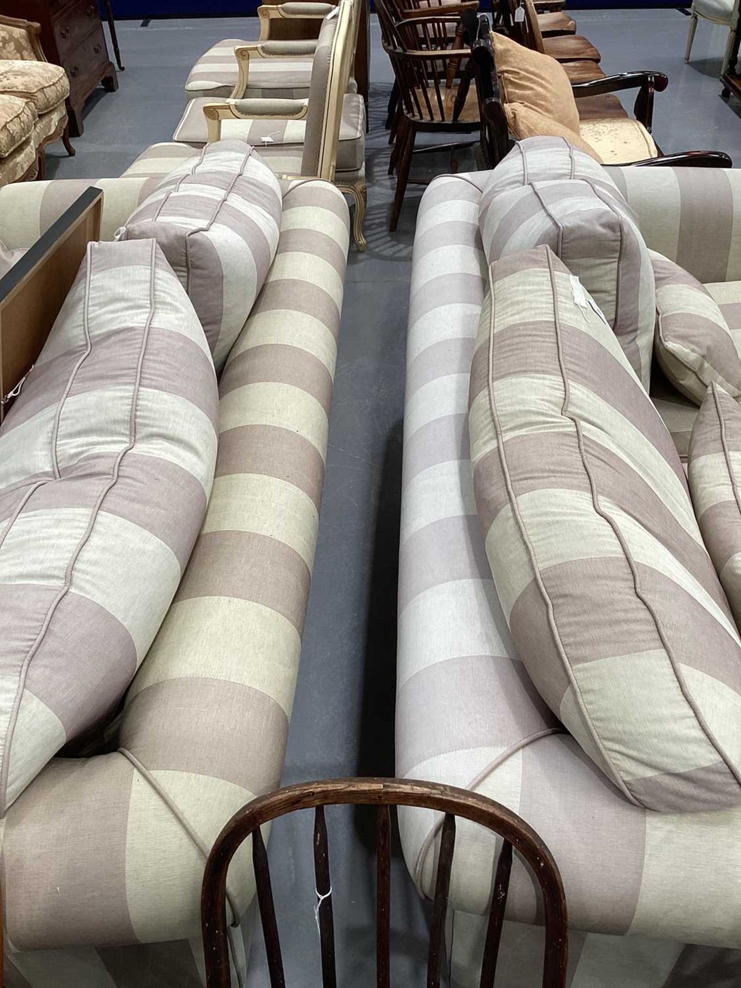 A pair of contemporary good quality traditional two-seat sofas with damask effect broad striped - Image 10 of 11