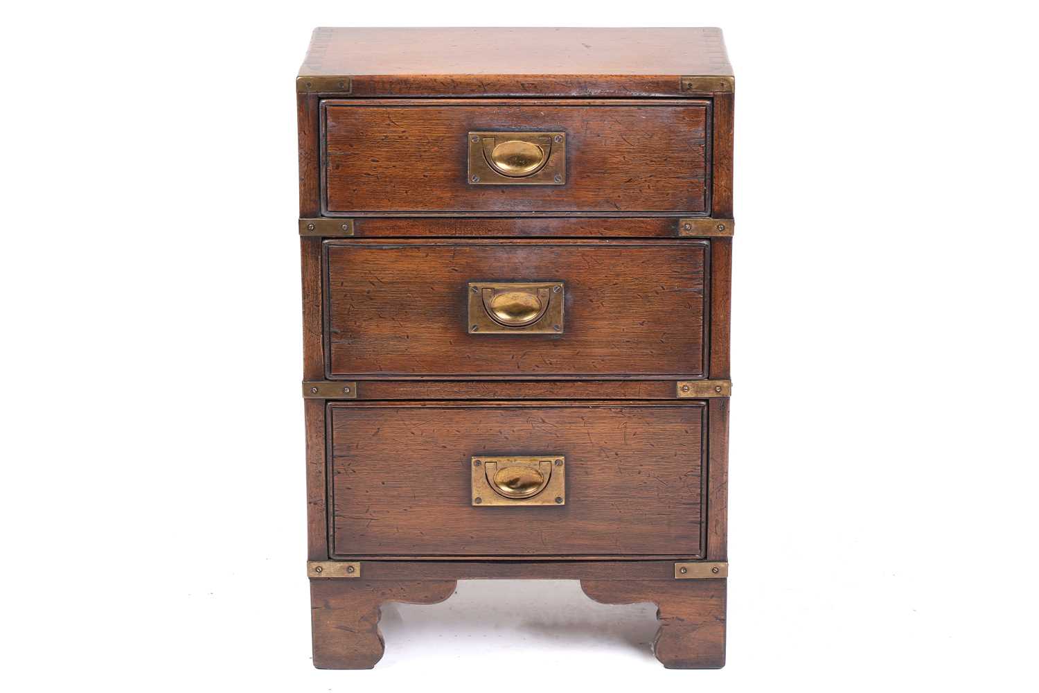 A small brass-bound mahogany campaign style three-drawer pedestal chest of drawers, 20th century,