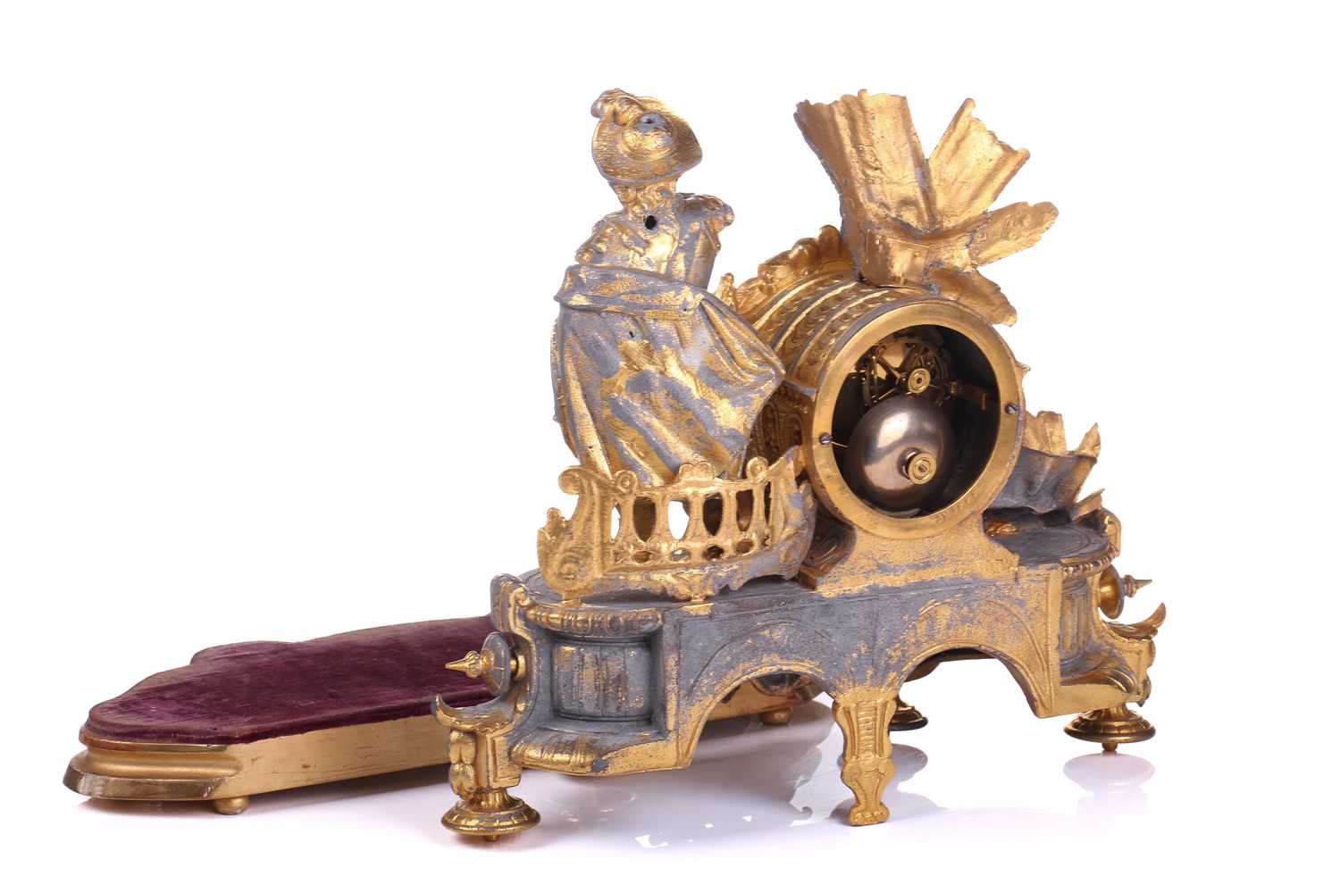 A late 19th century French parcel gilt spelter clock, depicting a nobleman standing beside a drum - Image 8 of 14