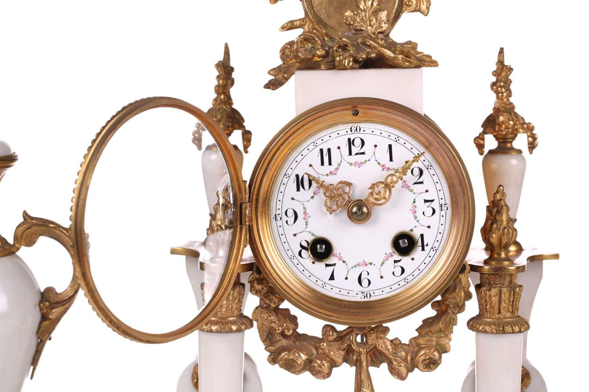 A Louis XVI-style white marble and ormolu 8-day clock garniture, early 20th century, fitted with a - Image 2 of 12