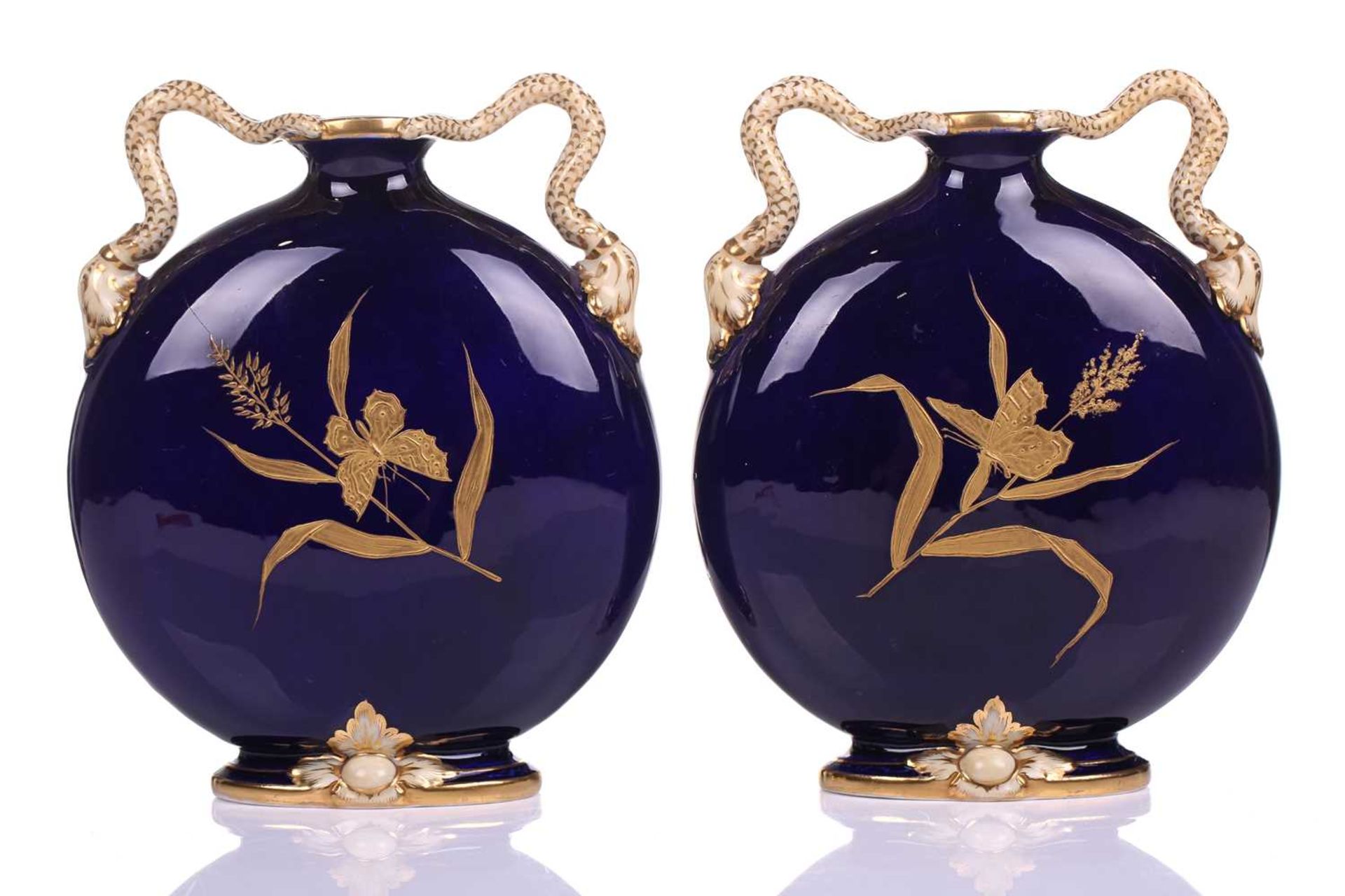 A pair of Grainger and Co Worcester Bleu de Roi pilgrim flask vases, shape number 1015, painted with - Image 7 of 7