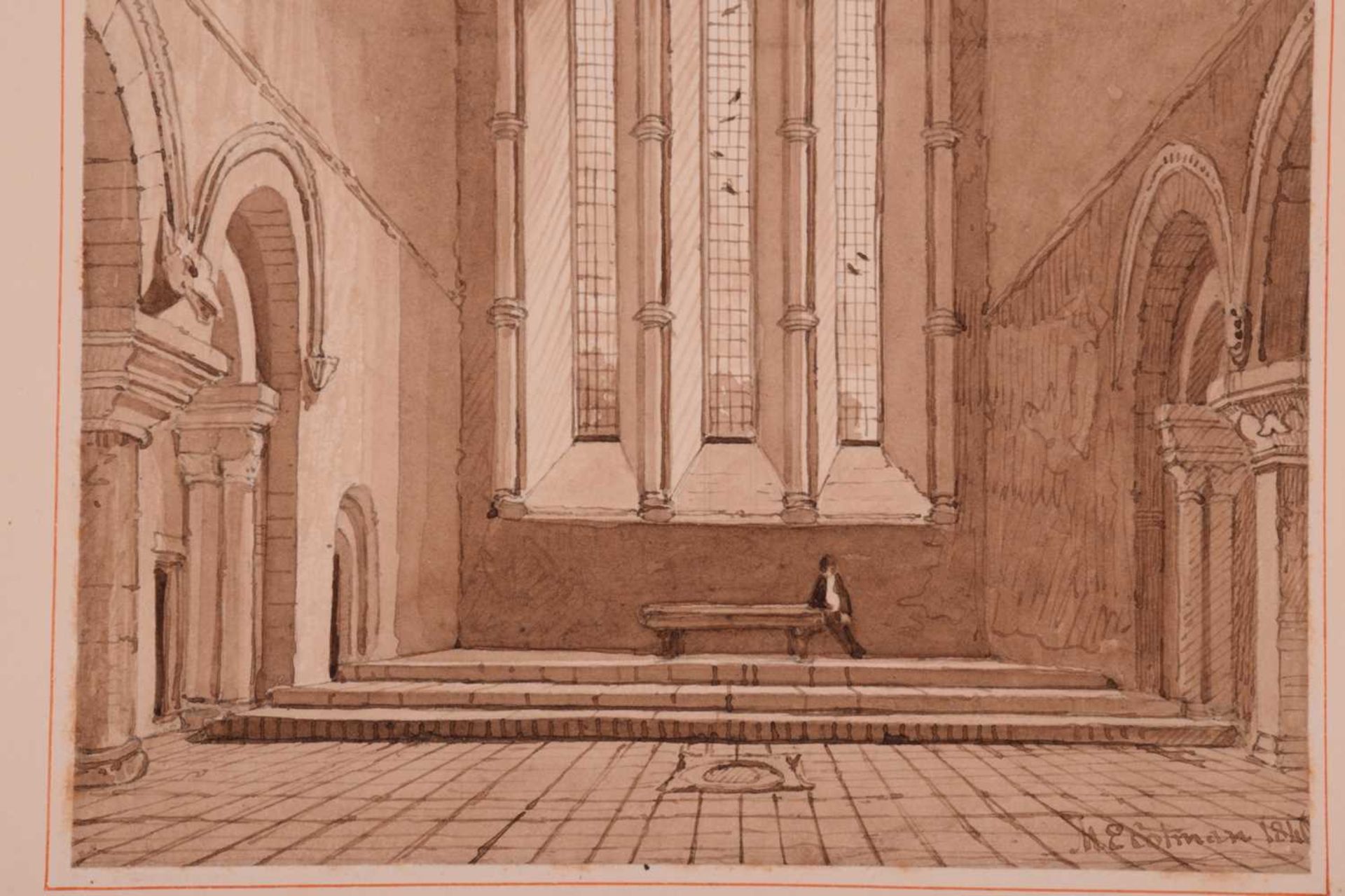 Miles Edmund Cotman (1810 - 1858), 'Emneth Church interior', signed & dated 1840, monochrome - Image 5 of 7