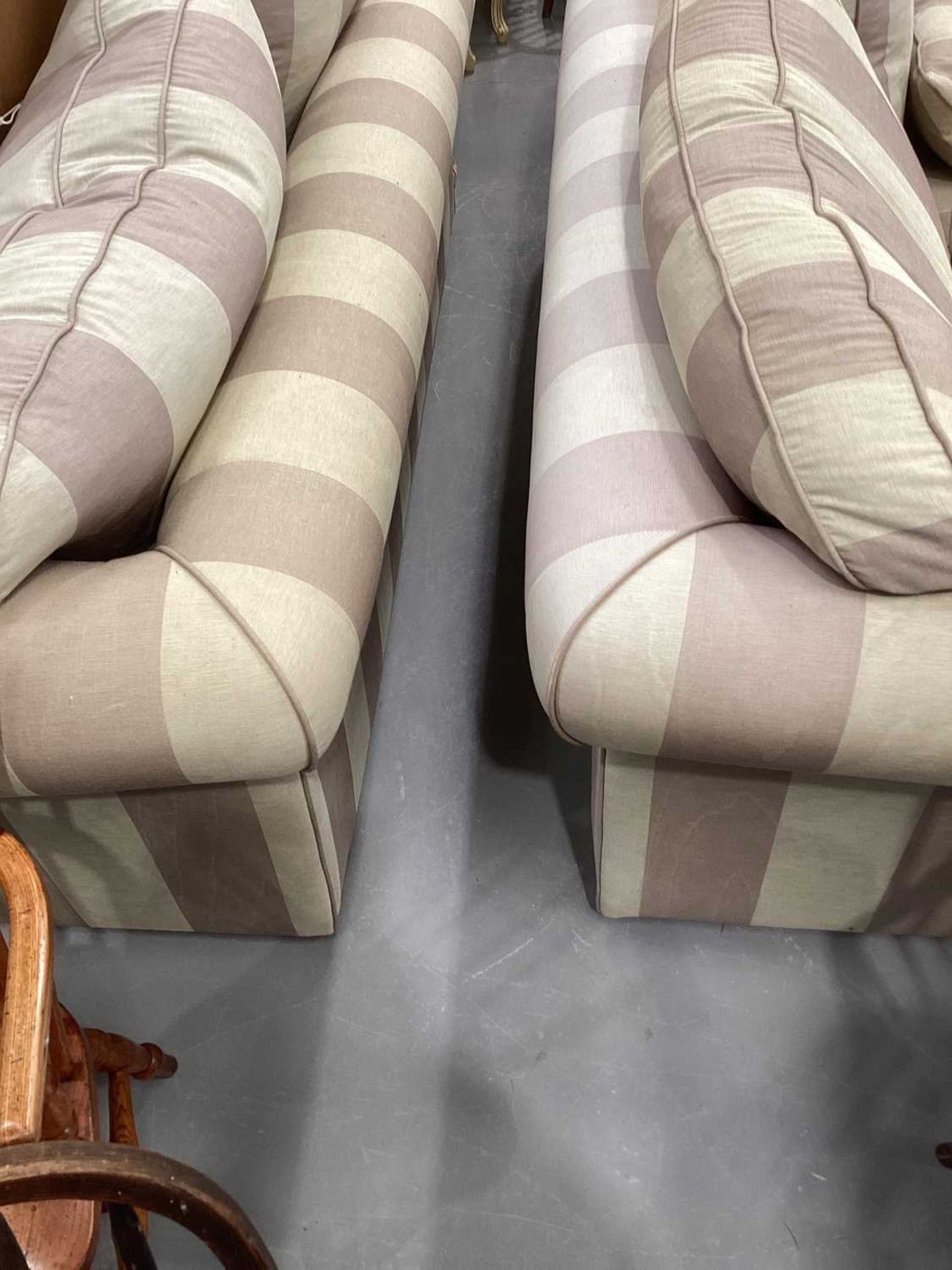 A pair of contemporary good quality traditional two-seat sofas with damask effect broad striped - Image 11 of 11