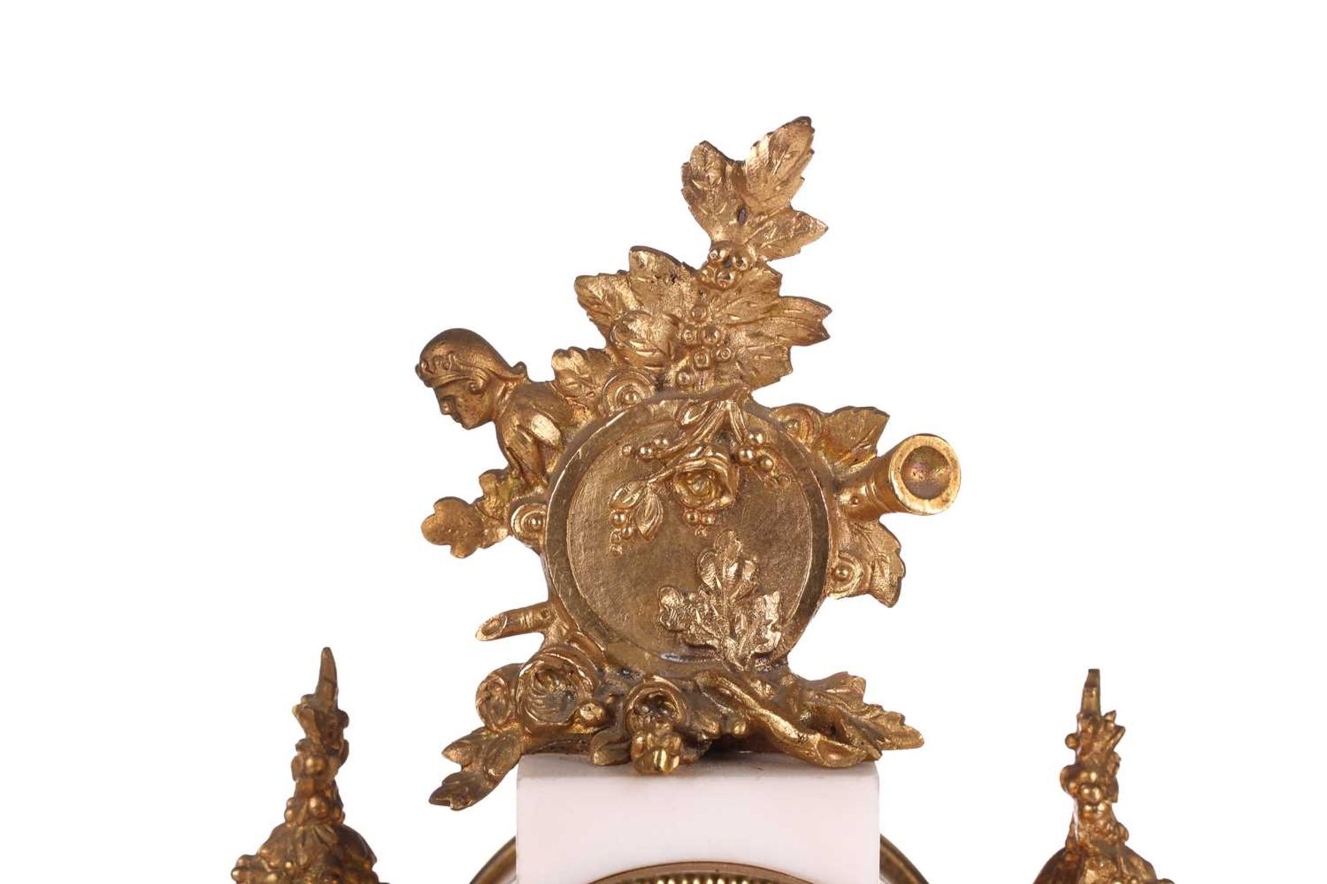 A Louis XVI-style white marble and ormolu 8-day clock garniture, early 20th century, fitted with a - Image 9 of 12