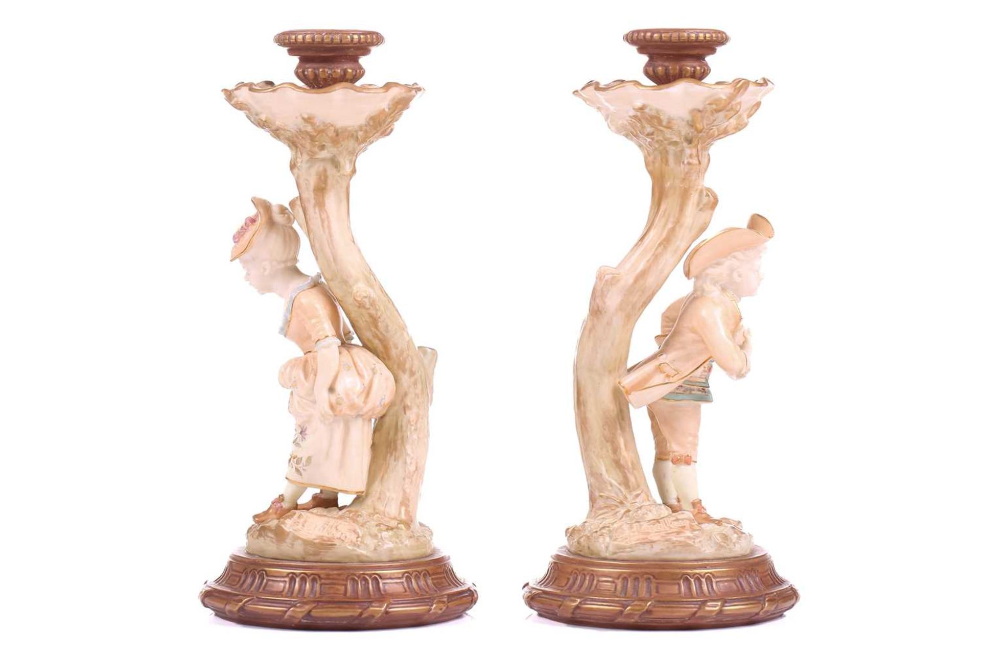 A pair of Royal Worcester figural candlesticks, modelled by James Hadley, as a boy and girl in - Bild 4 aus 8