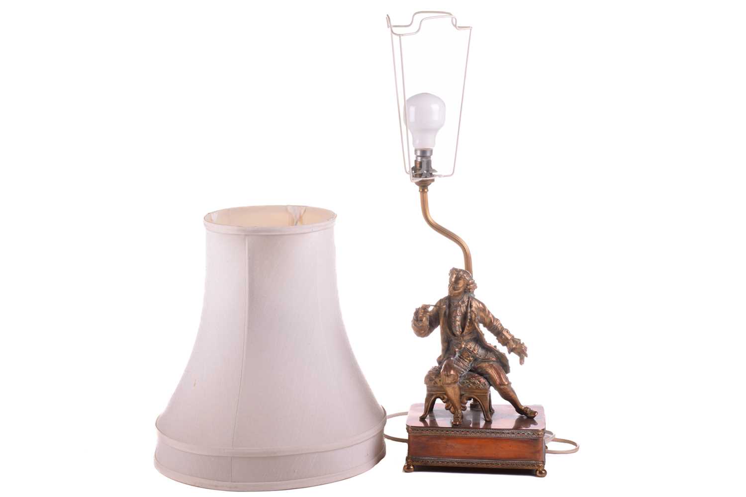 A 20th-century copper and gilt brass figural table lamp, modelled a seated dandy, 68 cm high to - Image 7 of 7