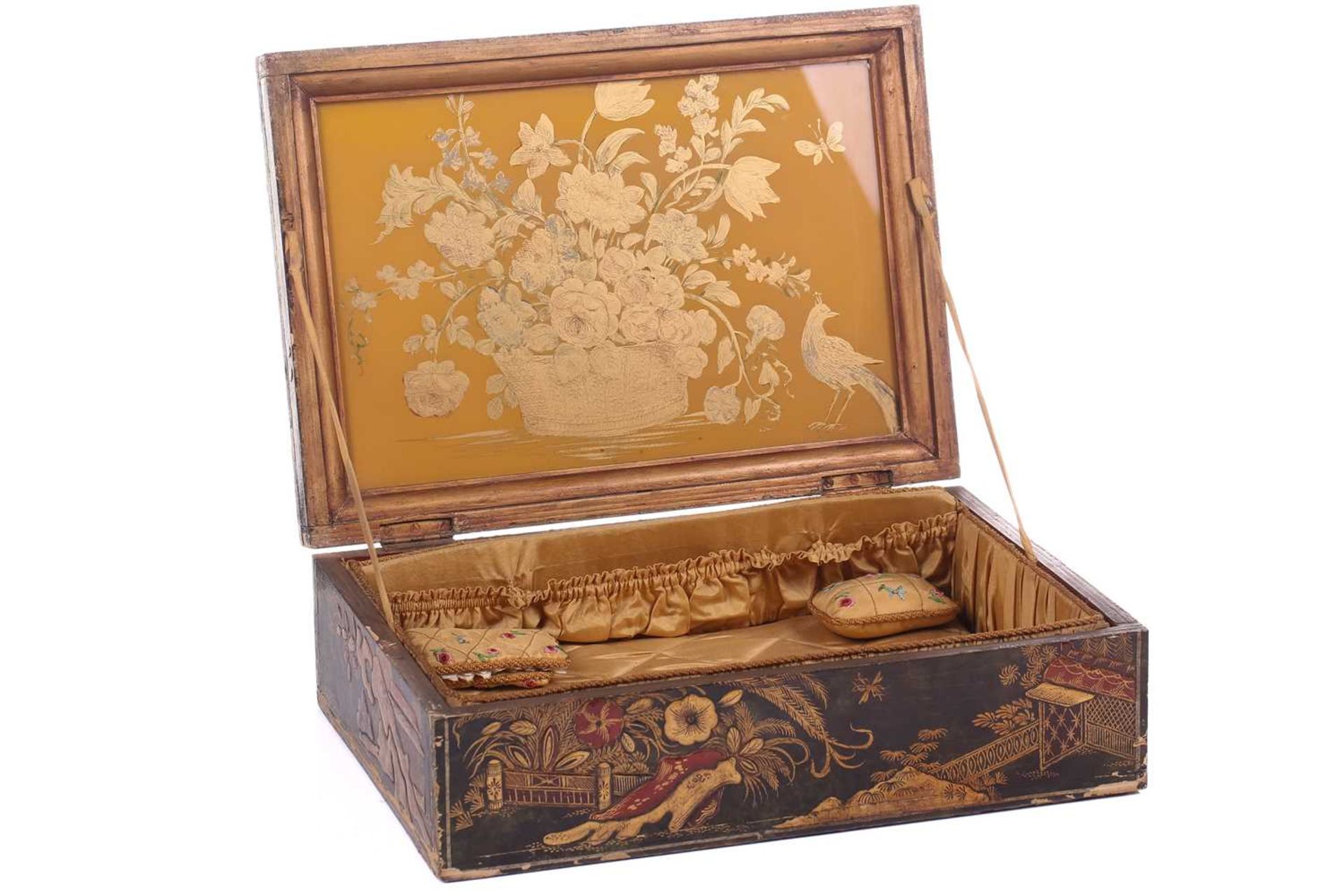 A Regency sewing box of casket form, green morocco decorated with brass appliques, on four lion - Image 3 of 19