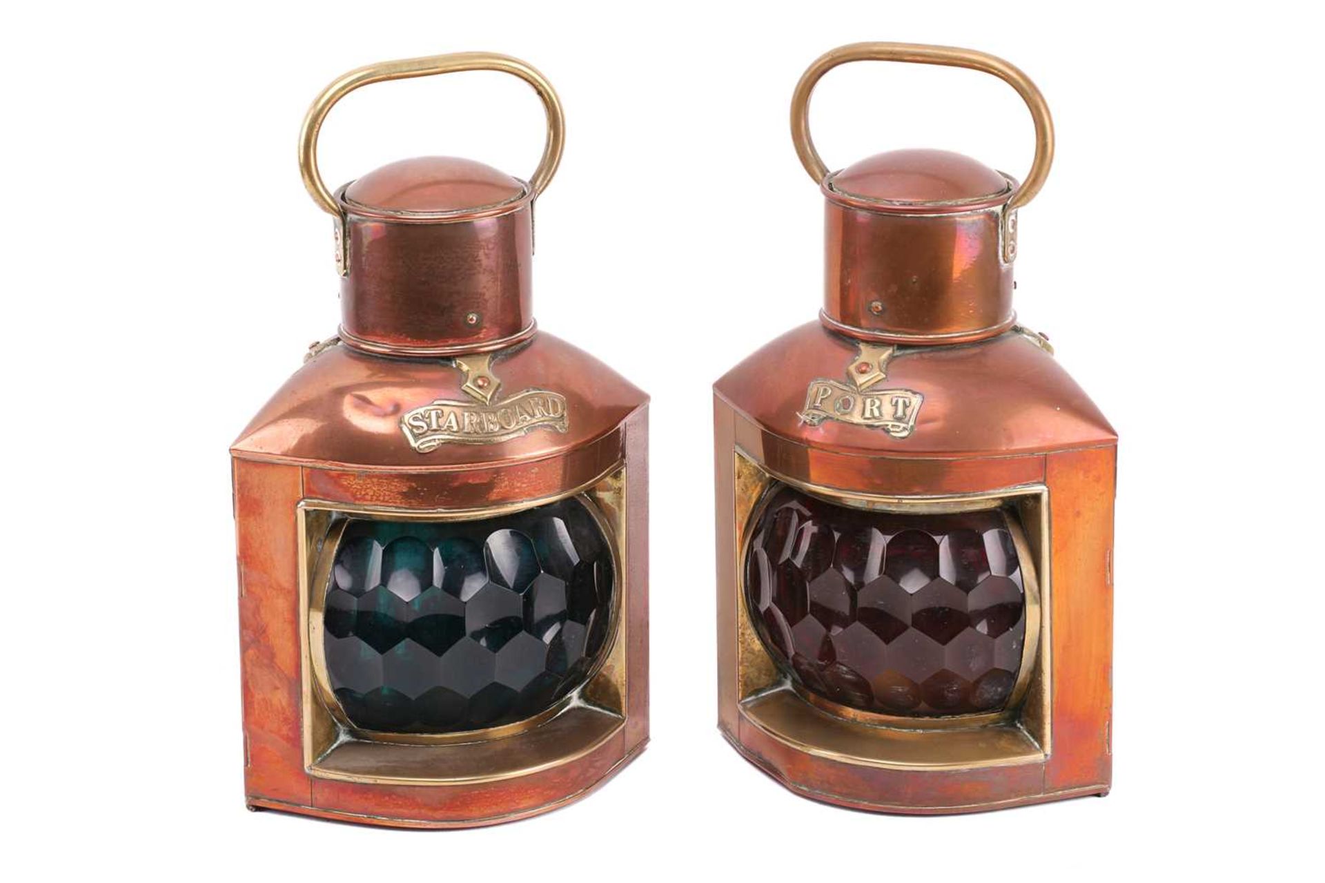 A pair of copper and brass ship's port and starboard lamps with oil burners and faceted green and - Image 2 of 7