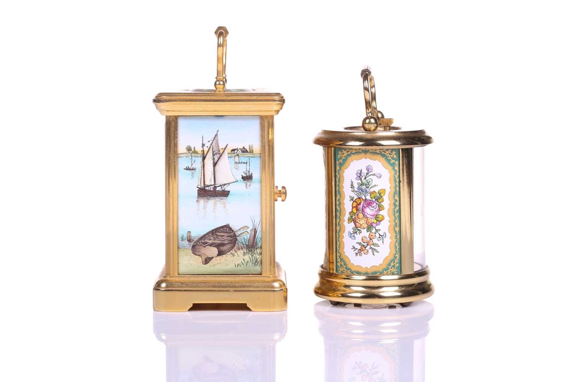 A Halcyon Days hard enamel and gilt brass miniature corniche-cased timepiece decorated with river - Image 9 of 9