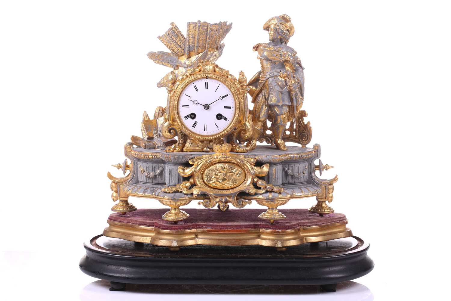 A late 19th century French parcel gilt spelter clock, depicting a nobleman standing beside a drum - Image 2 of 14