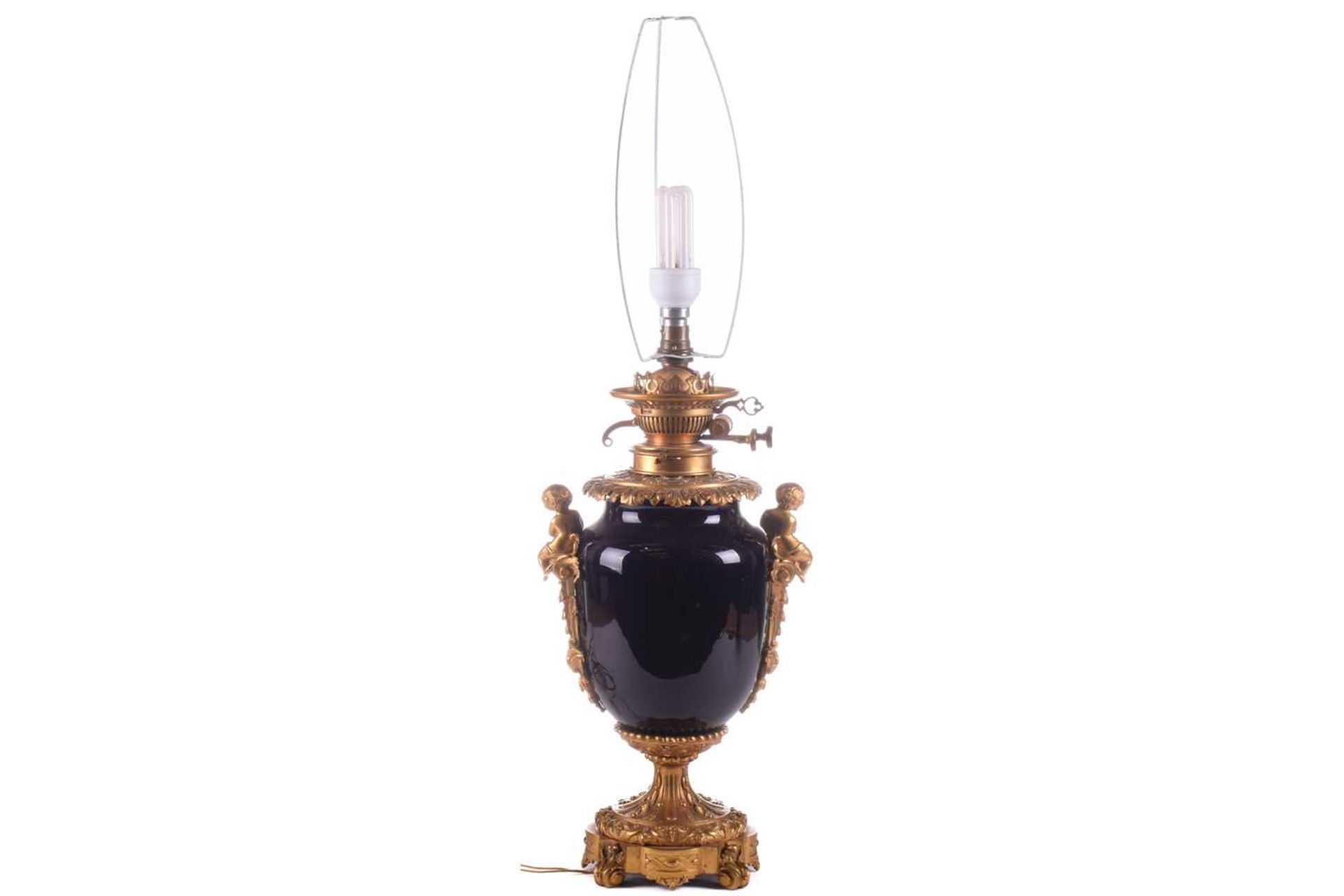 A large French ormolu and cobalt-blue ceramic table lamp, originally converted from an oil lamp, - Image 3 of 7