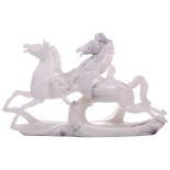 A large contemporary white marble sculpture of two galloping horses, 37 cm x 64 cm.