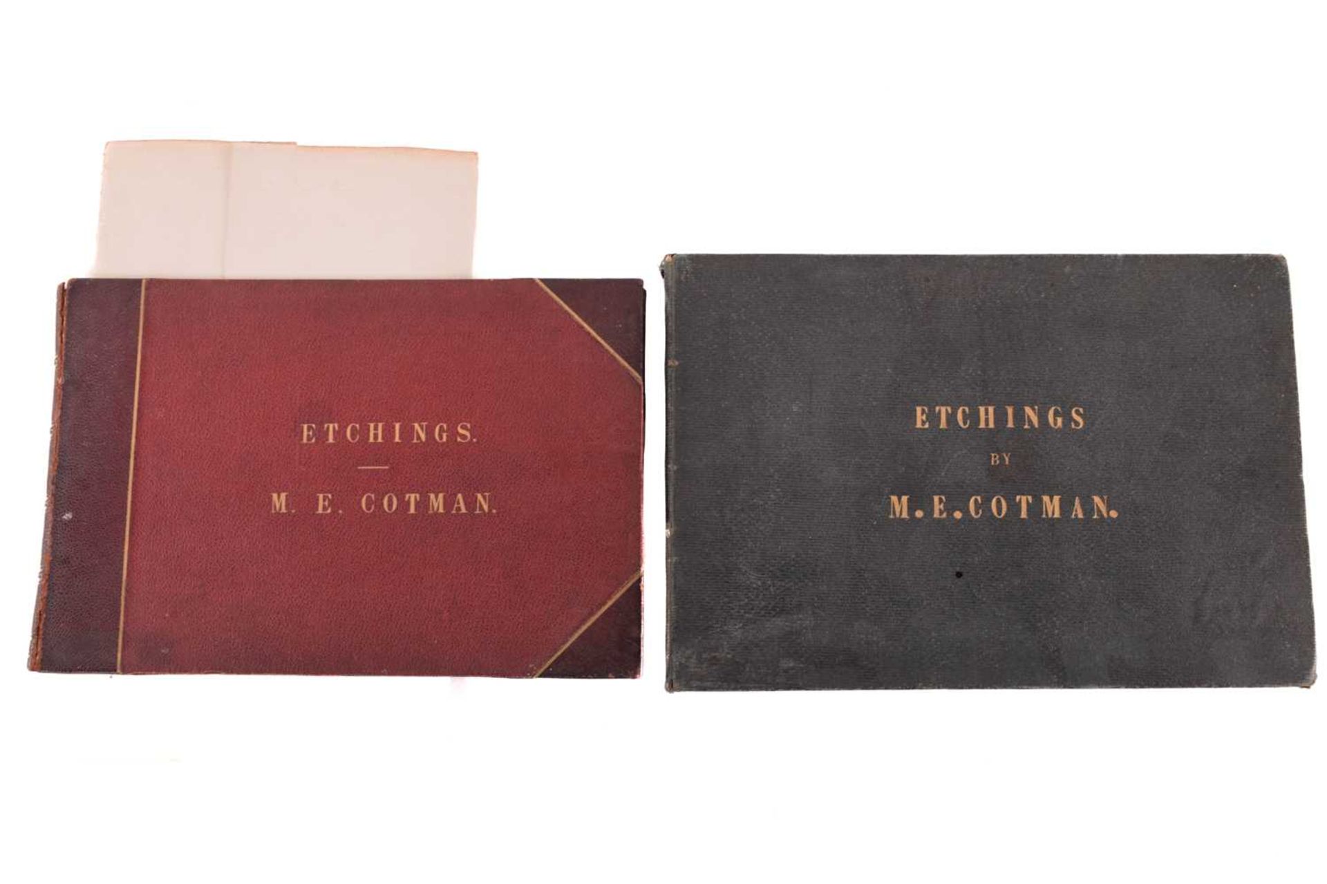 Etchings by M. E. Cotman, two volumes, one half calf bound containing ten etchings on thick card and
