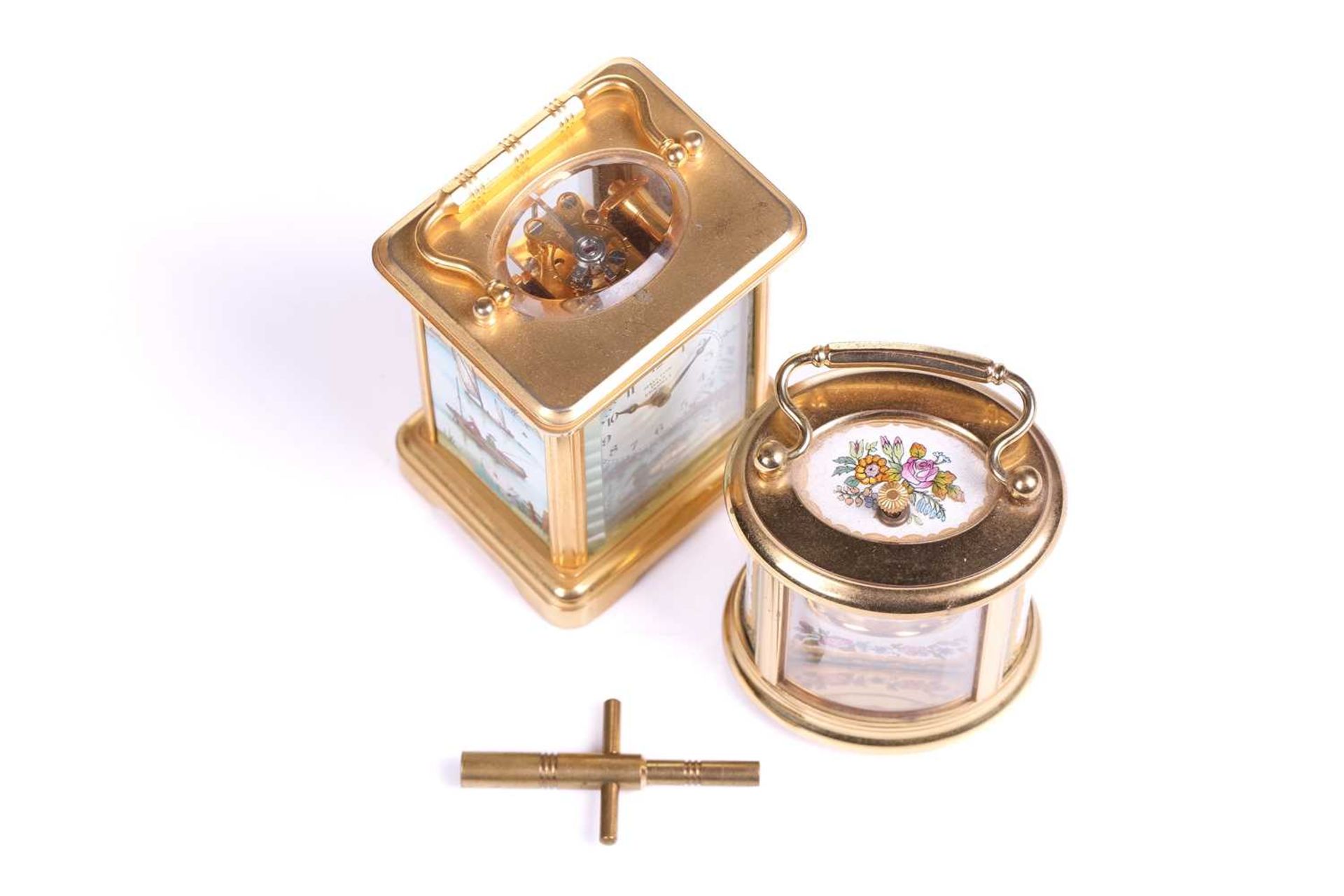 A Halcyon Days hard enamel and gilt brass miniature corniche-cased timepiece decorated with river - Image 5 of 9