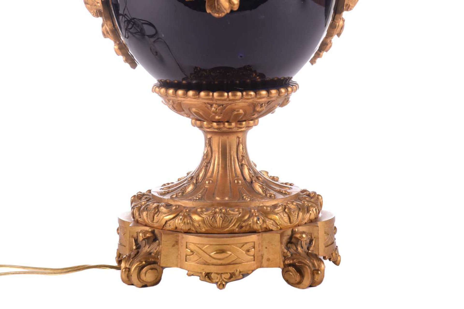 A large French ormolu and cobalt-blue ceramic table lamp, originally converted from an oil lamp, - Image 6 of 7