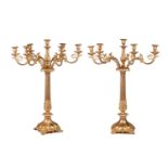 A pair of large, impressive gilt metal table candelabrum with seven removable convolvulus vine