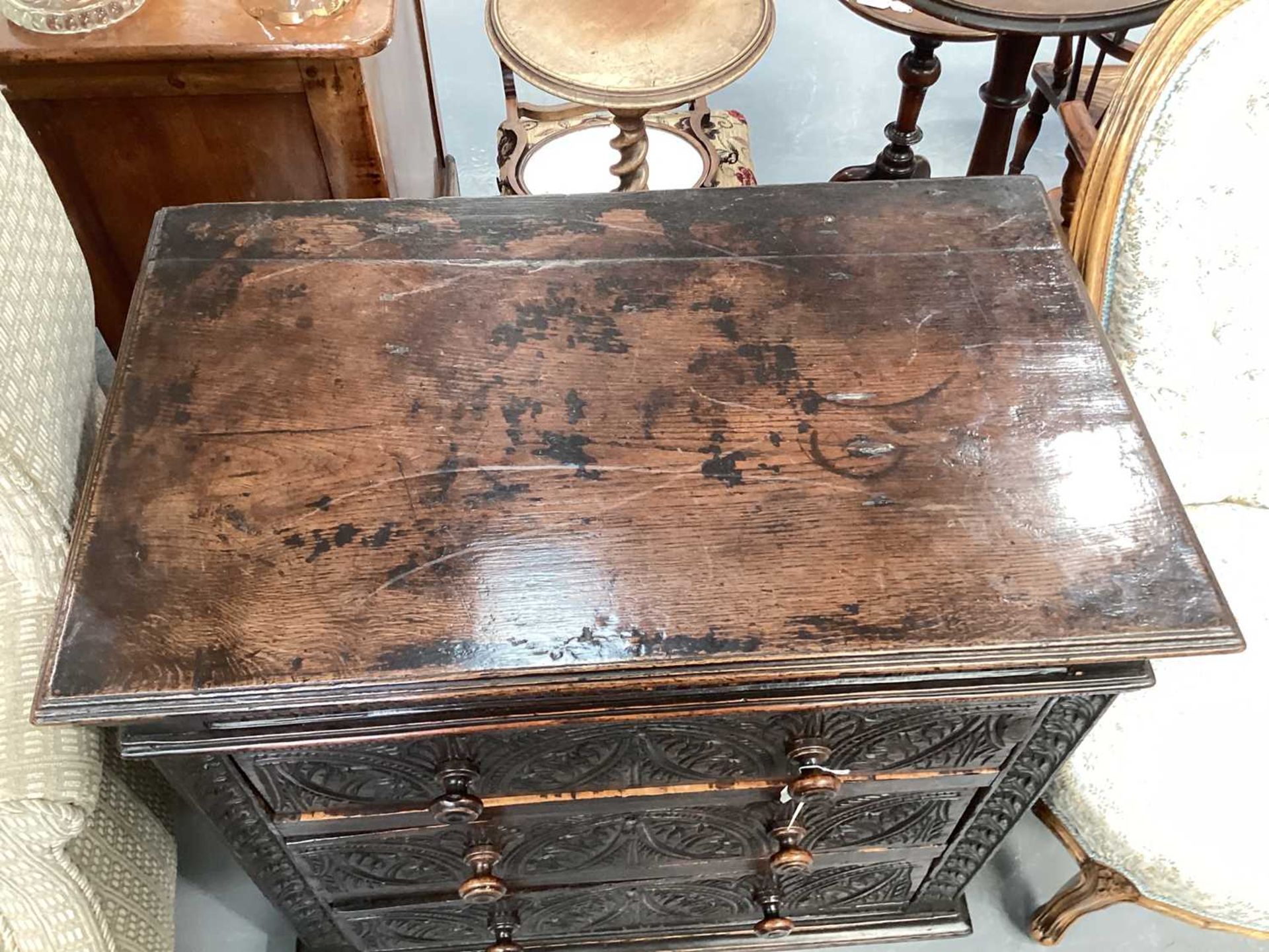 A carved oak 17th-century style three-drawer chest (17th century period timber and later, re- - Image 8 of 9