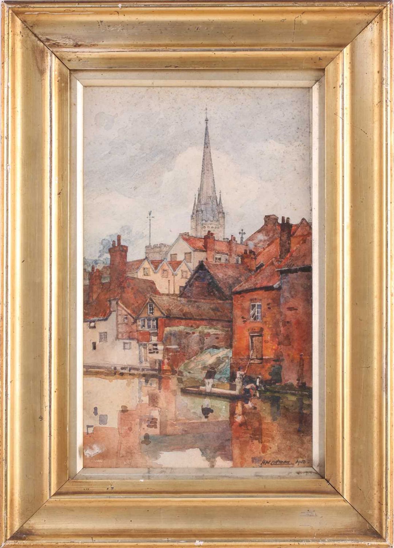 Henry William Cotman (1876-1938), 'Norwich Cathedral Spire from the Wensum', signed and dated - Image 8 of 10