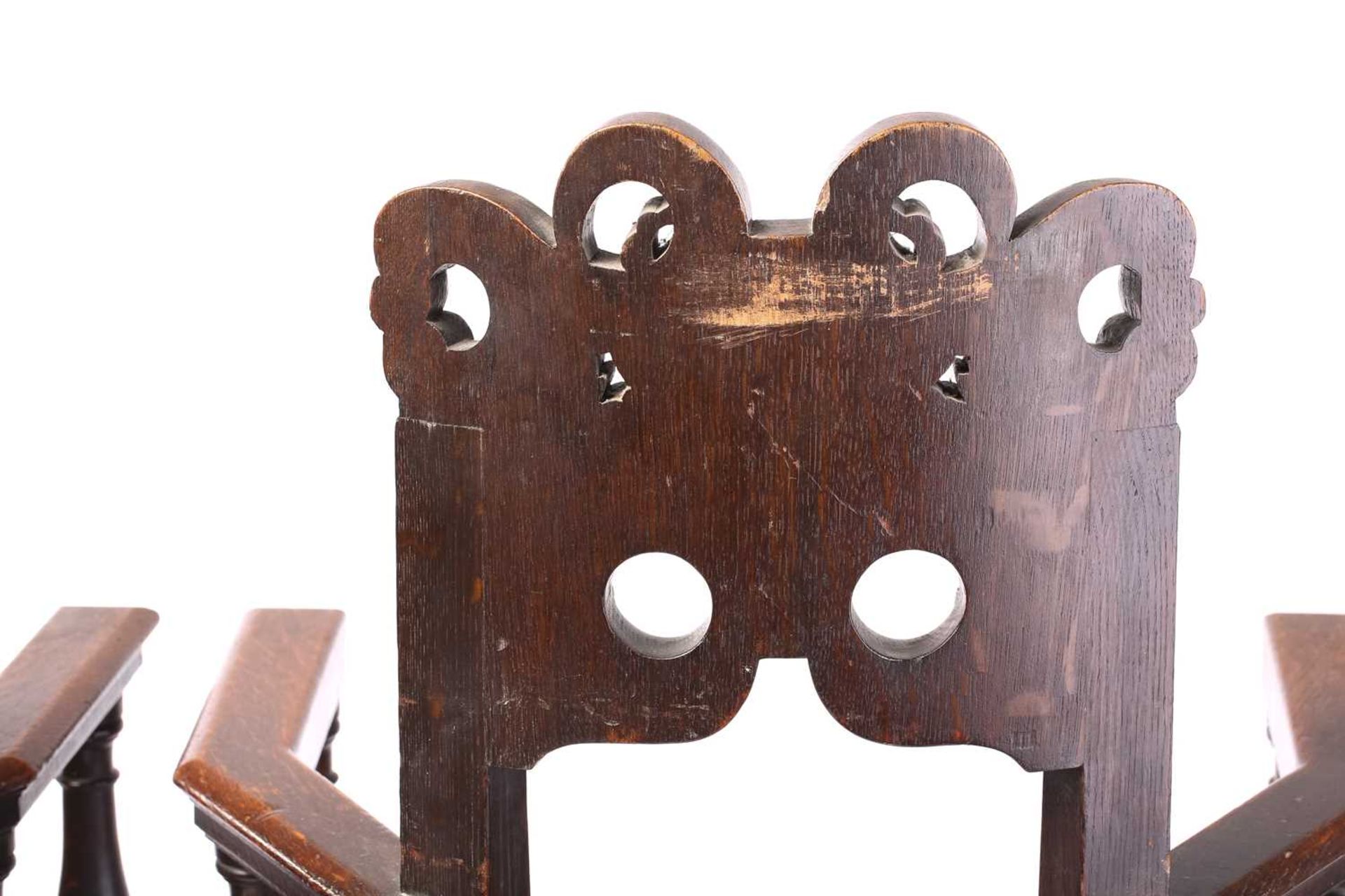 A pair of French carved oak caquetoire armchairs, 19th/20th century, the curved backs carved and - Image 4 of 11