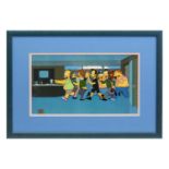 A 'The Simpsons' animation cel, depicting Homer Simpson and other main characters entering a stadium