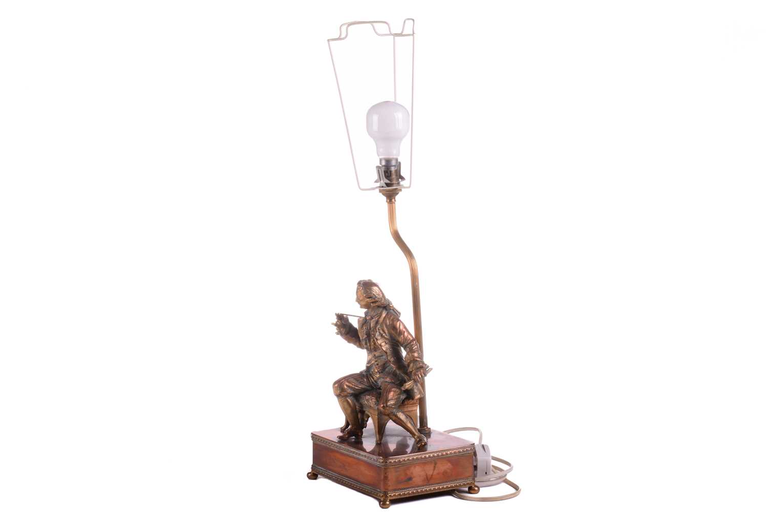 A 20th-century copper and gilt brass figural table lamp, modelled a seated dandy, 68 cm high to - Image 5 of 7