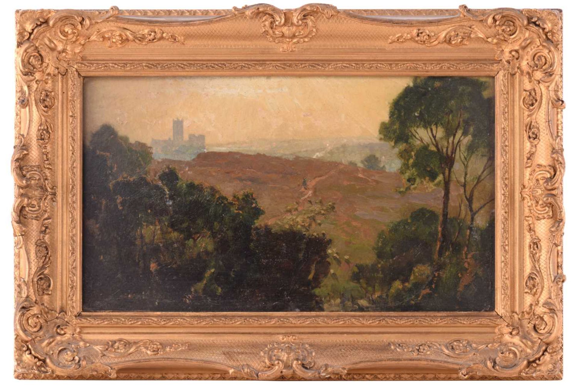 Frederick George Cotman RI. ROI. (British, 1850-1920), 'Canterbury from the Downs', oil on board,