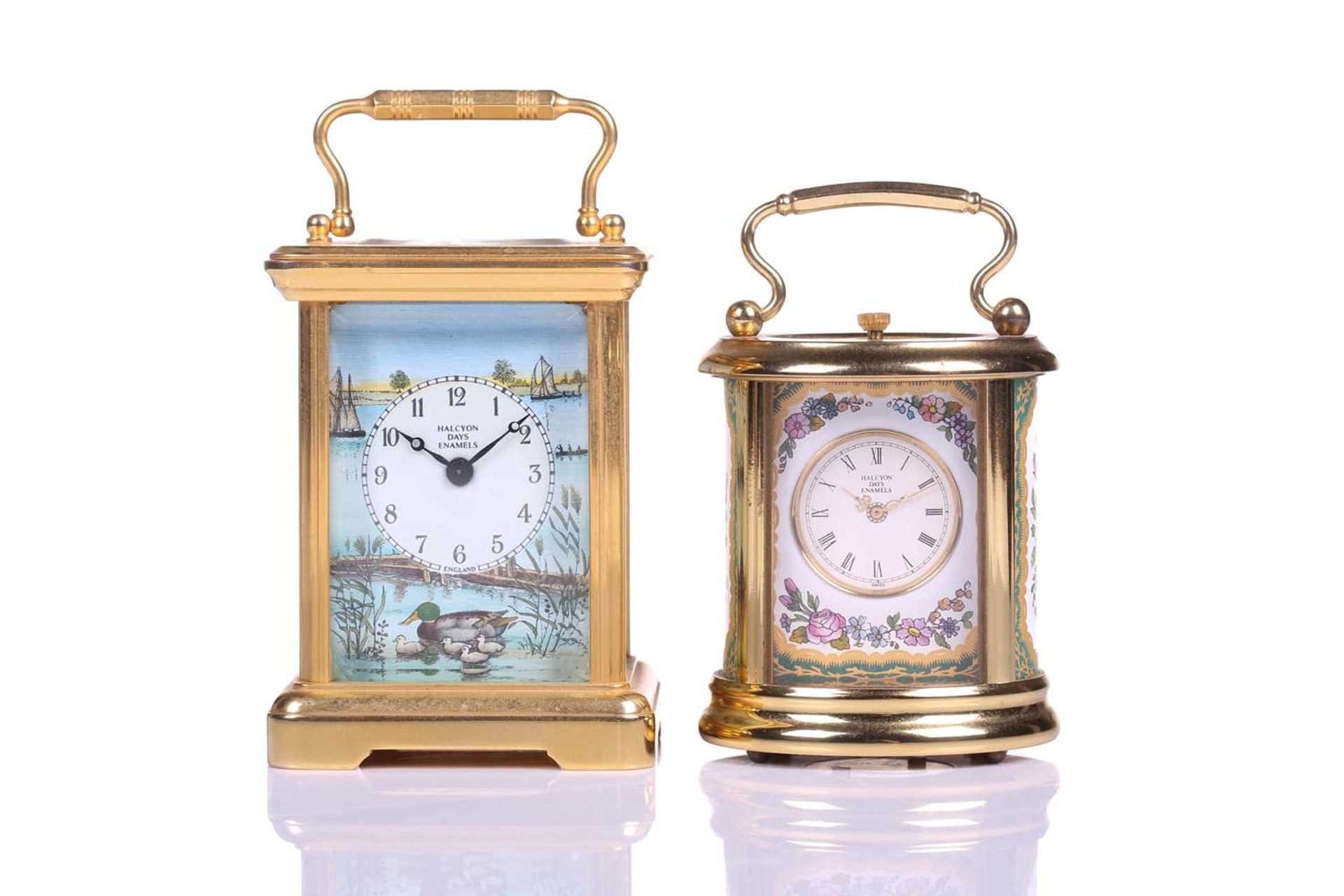 A Halcyon Days hard enamel and gilt brass miniature corniche-cased timepiece decorated with river