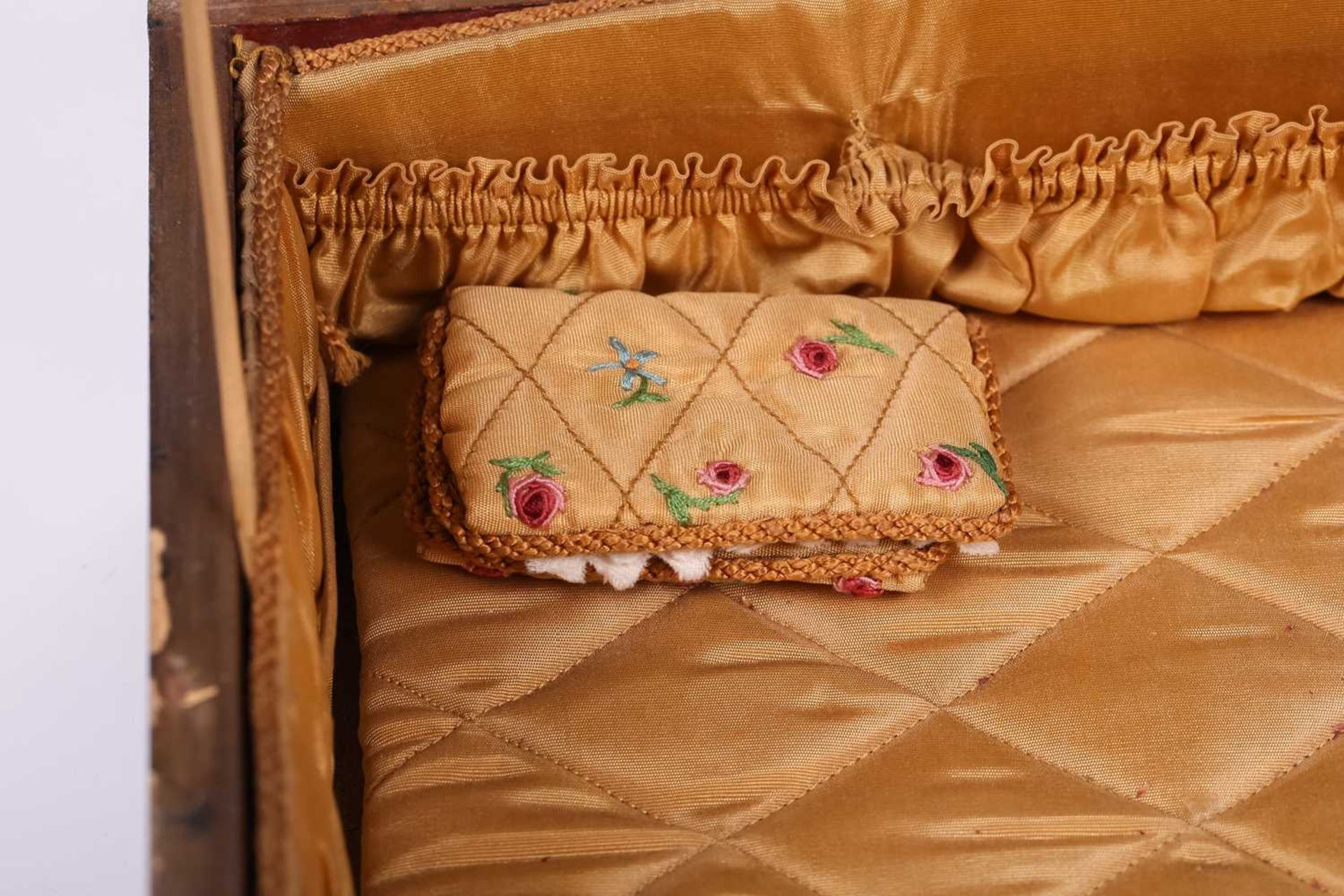 A Regency sewing box of casket form, green morocco decorated with brass appliques, on four lion - Image 6 of 19