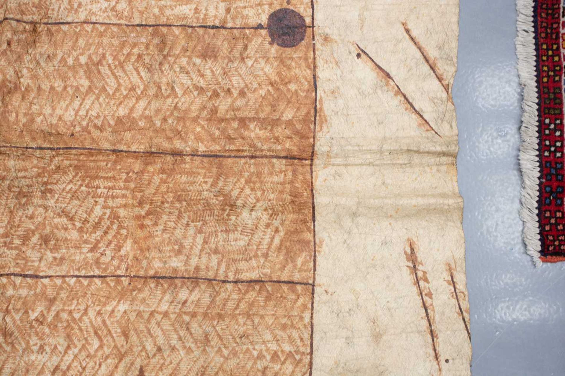 Of historical Fijian interest; a Fijian bark cloth blanket (?), late 19th century painted with earth - Image 12 of 16