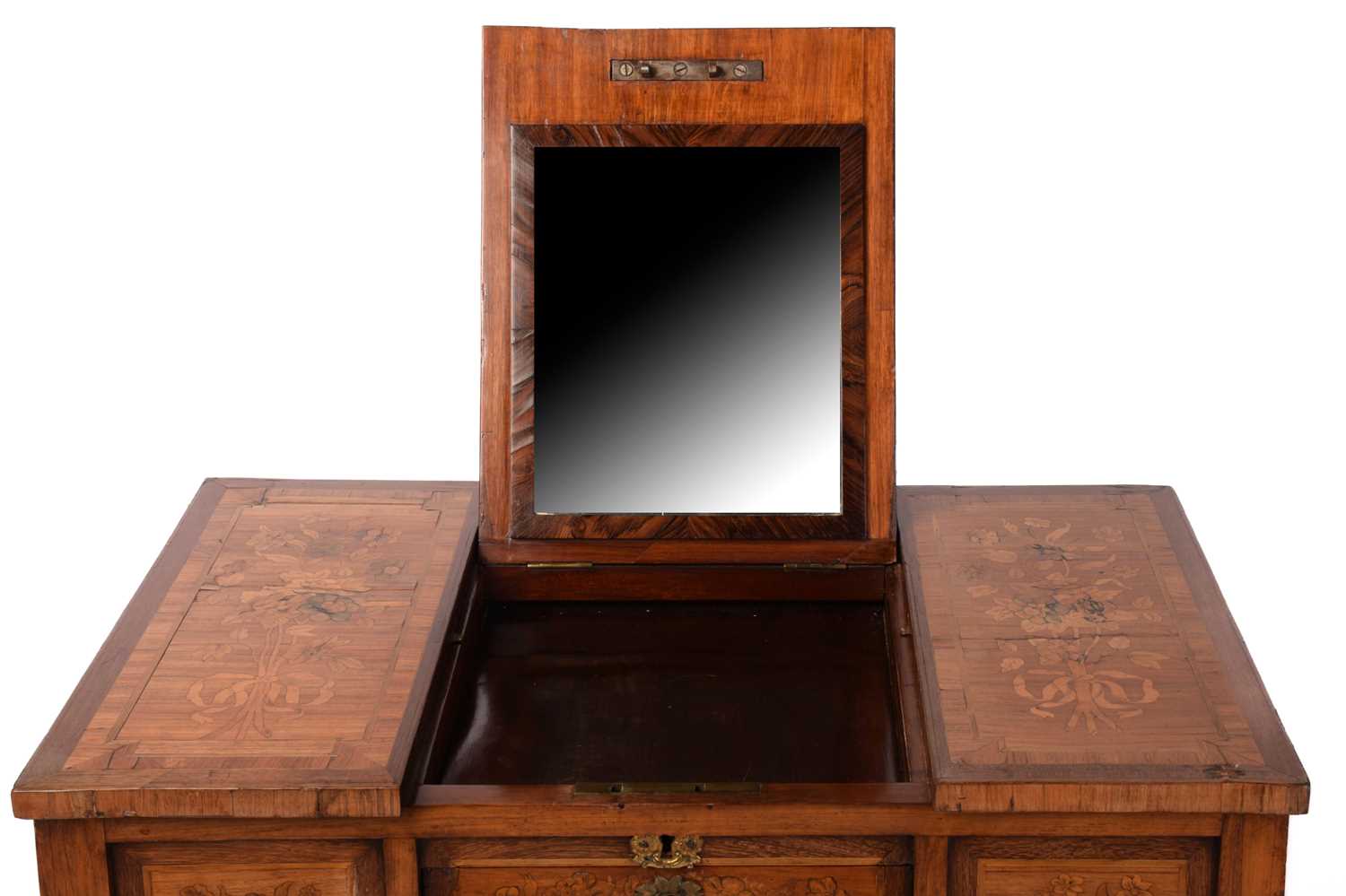 A French marquetry inlaid kingwood poudreuse dressing table decorated with flowers and musical - Image 6 of 9