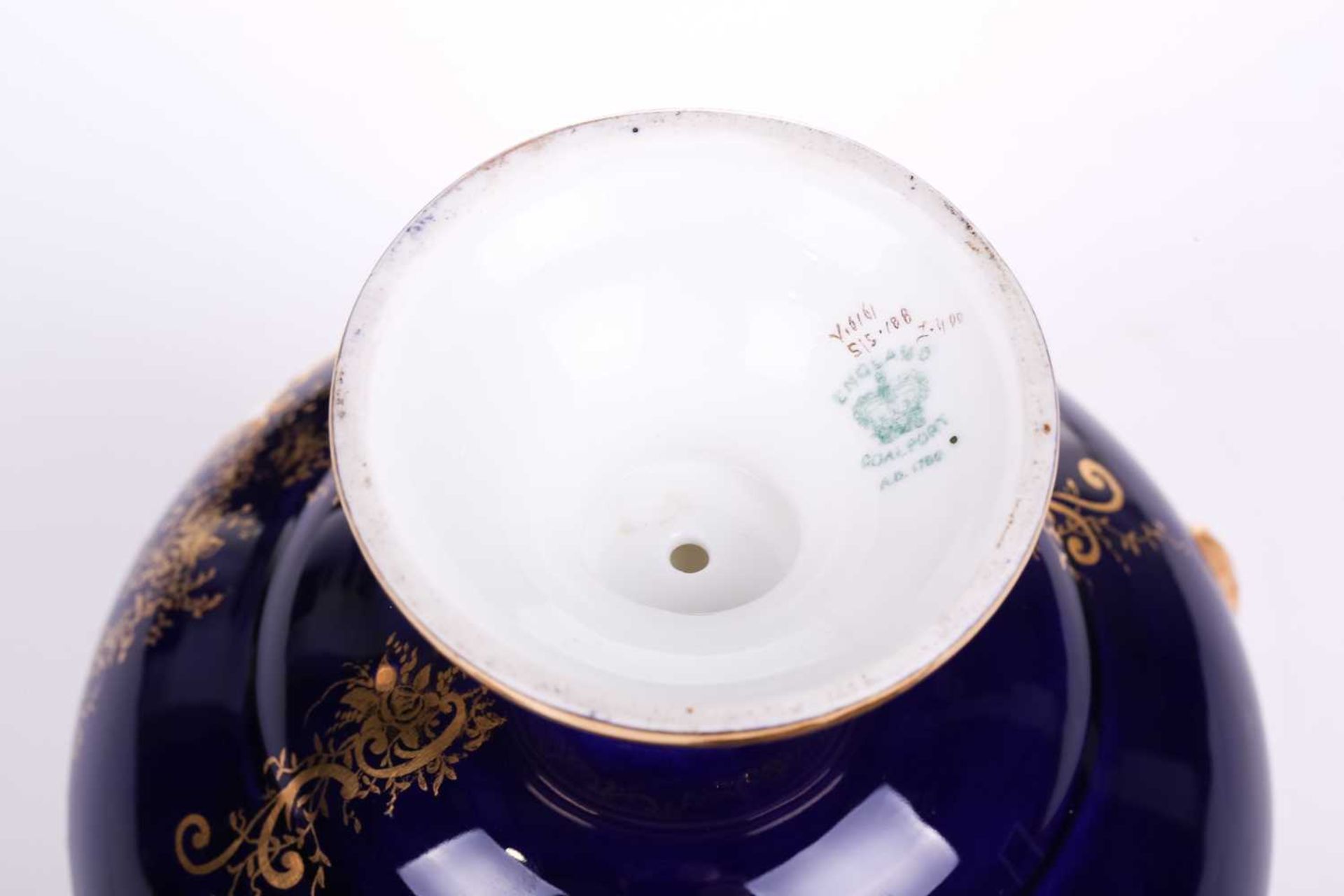 A Coalport Bleu de Roi porcelain two-handled globular urn and cover hand painted with romantic - Image 5 of 12