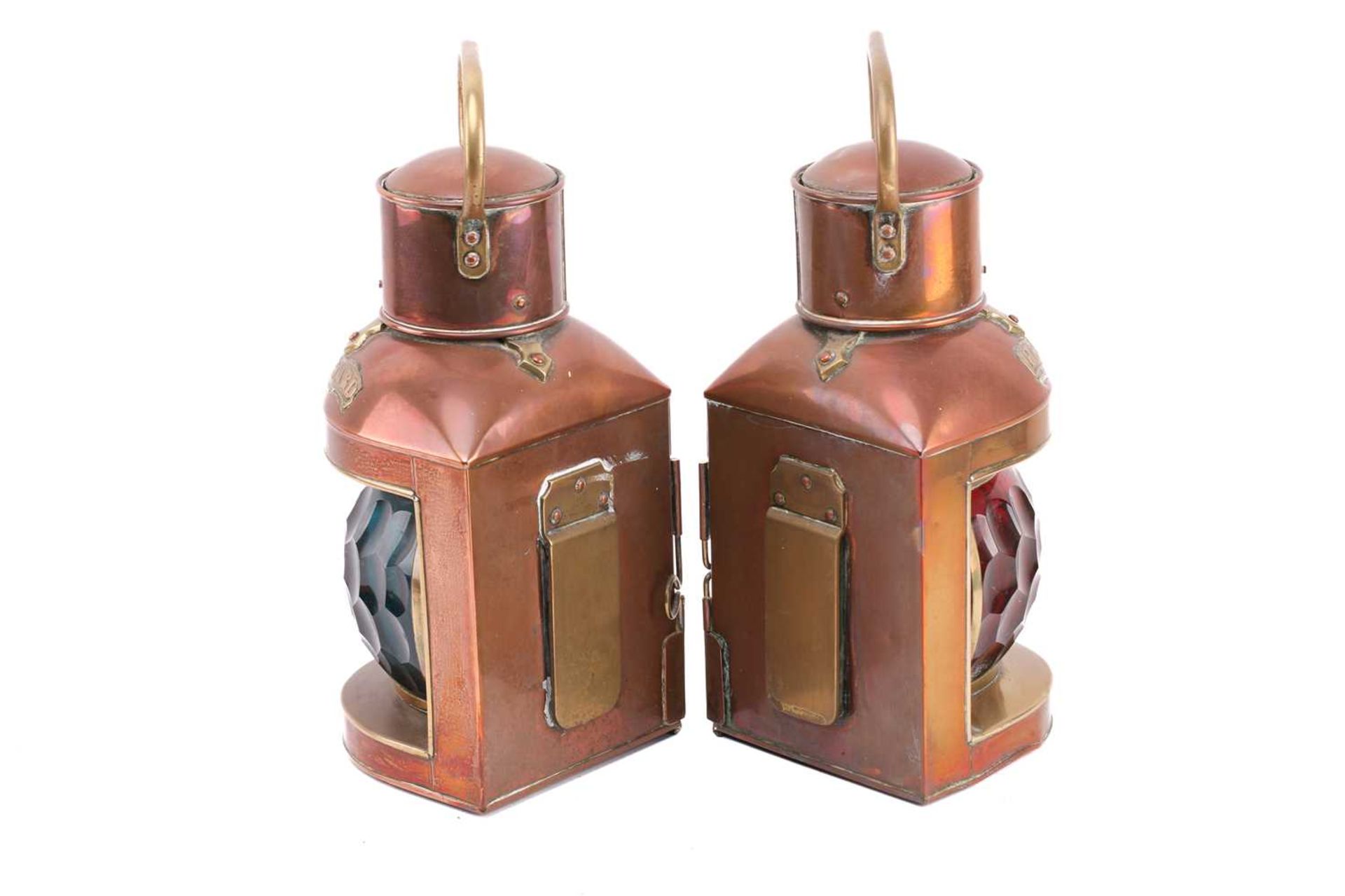 A pair of copper and brass ship's port and starboard lamps with oil burners and faceted green and - Image 4 of 7