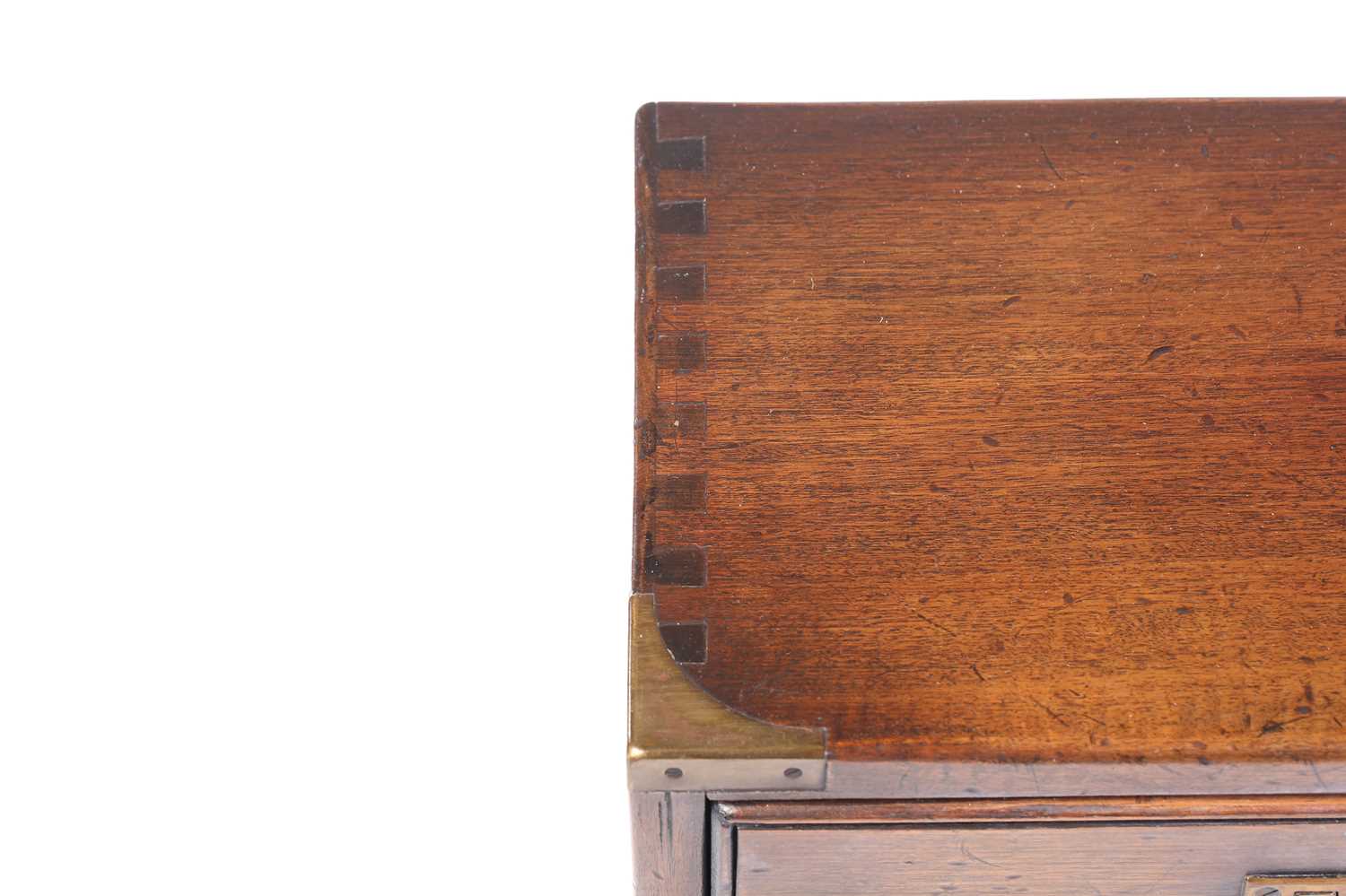 A small brass-bound mahogany campaign style three-drawer pedestal chest of drawers, 20th century, - Image 7 of 10