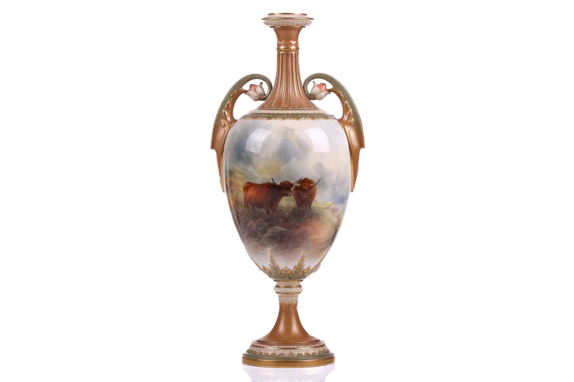 A John Stinton painted Royal Worcester oviform vase (apparently lacking cover), bearing a hand-