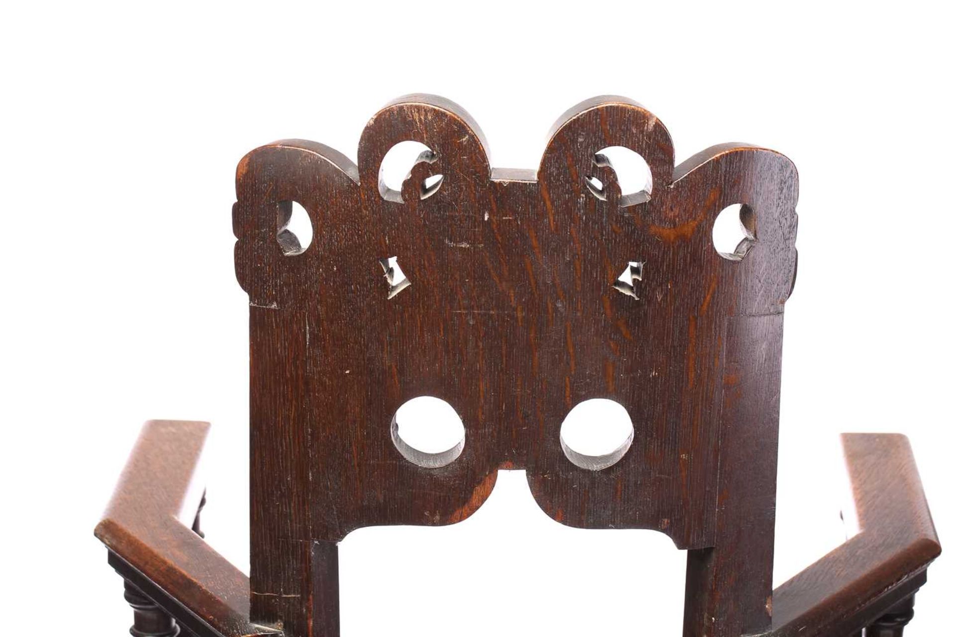 A pair of French carved oak caquetoire armchairs, 19th/20th century, the curved backs carved and - Image 6 of 11