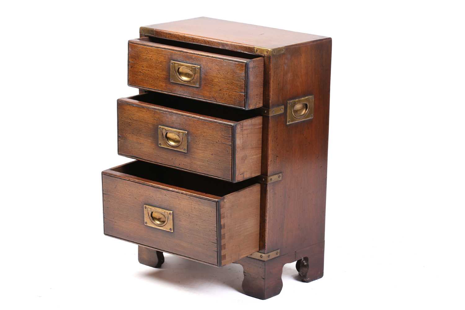 A small brass-bound mahogany campaign style three-drawer pedestal chest of drawers, 20th century, - Image 4 of 10