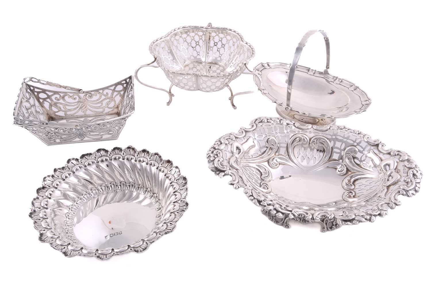 Five assorted silver bon bon dishes comprising two with swing handles (the oval example with - Image 2 of 3