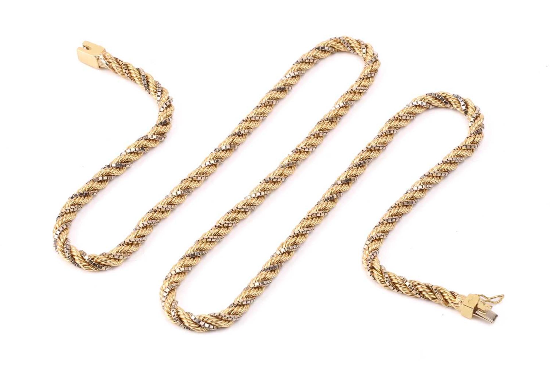 A bi-coloured twisted rope necklace, comprising an intertwined rope chain and a fine box link chain,