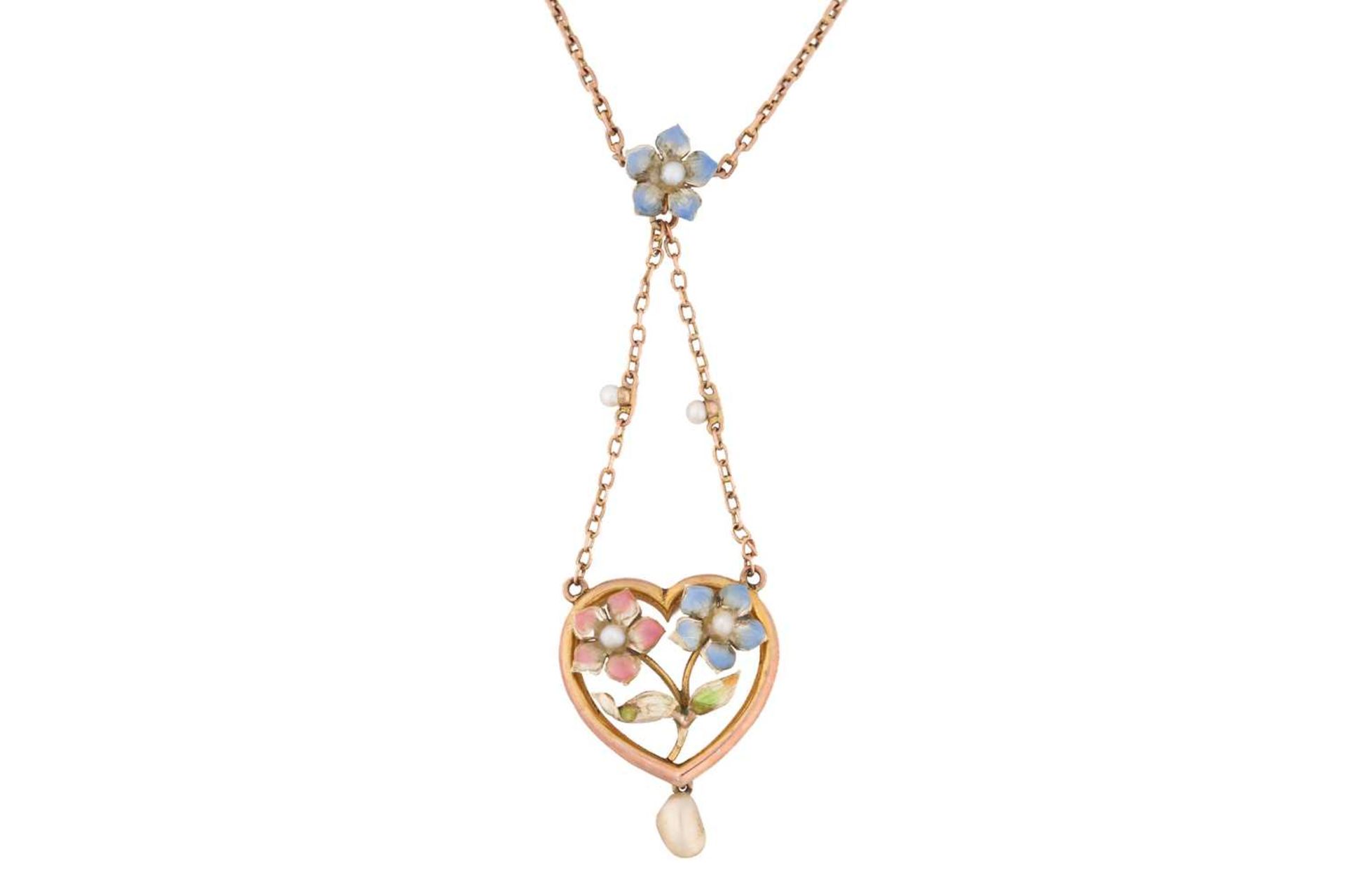 An Edwardian enamel and pearl floral pendant necklace designed as a heart with a spray of flowers in