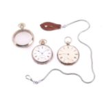 A pair of open-face pocket watches and a Waltham pocket display watch case. The first open-face
